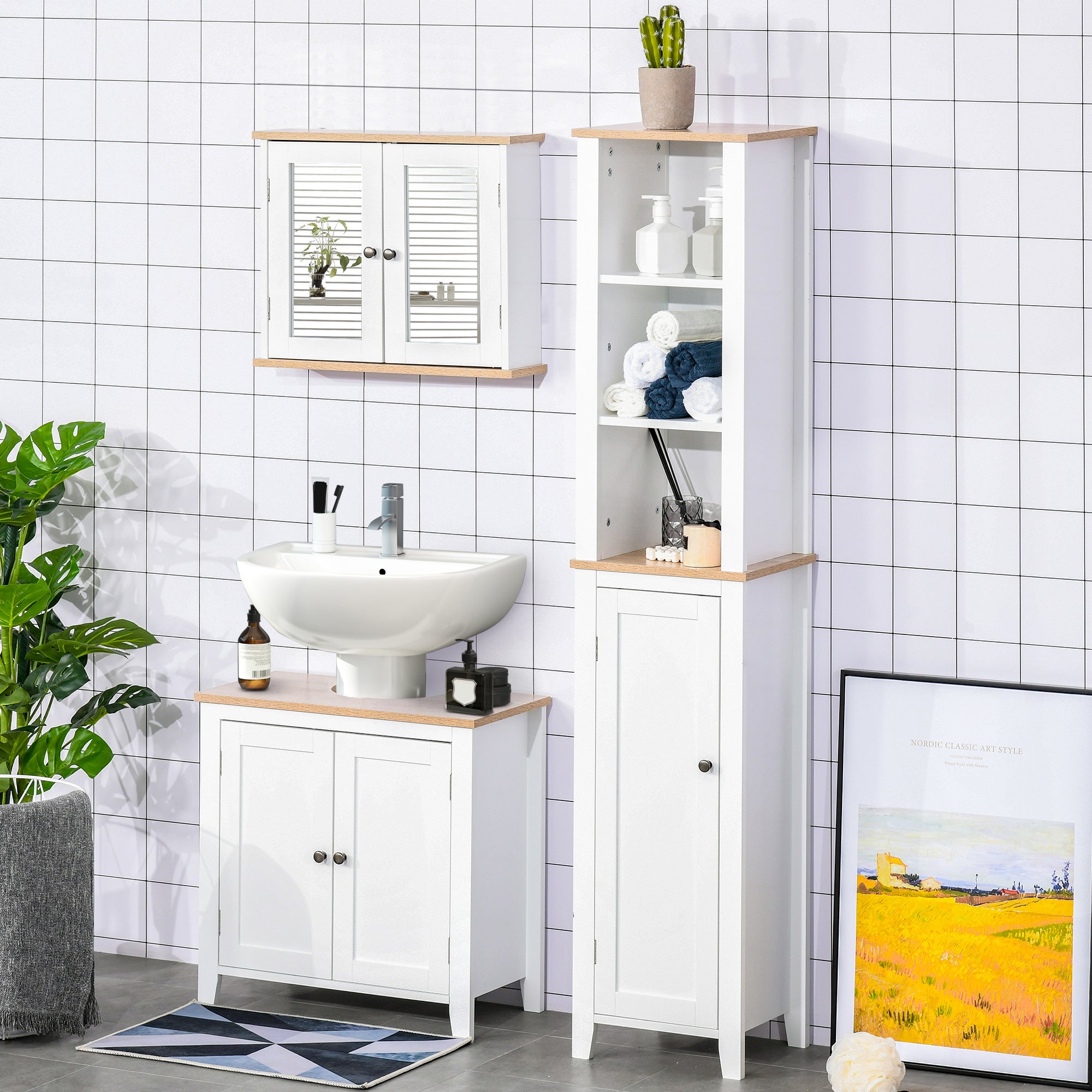kleankin Under Sink Cabinet, Bathroom Sink Cabinet with 2 Doors, Pedestal Under Sink Design, Freestanding Bathroom Cupboard with Adjustable Shelf, White