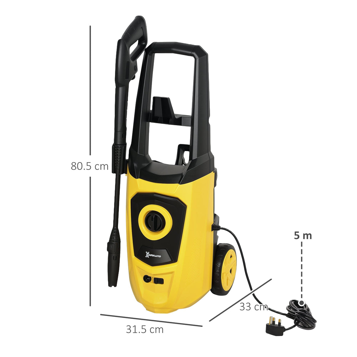 DURHAND 1800W High Pressure Washer, 150 Bar Pressure, 510 L/h Flow, High-Performance Portable Power Washer Jet Wash Cleaner with 6M Hose, Snow Foam Bottle for Garden, Car, Furniture, Yellow