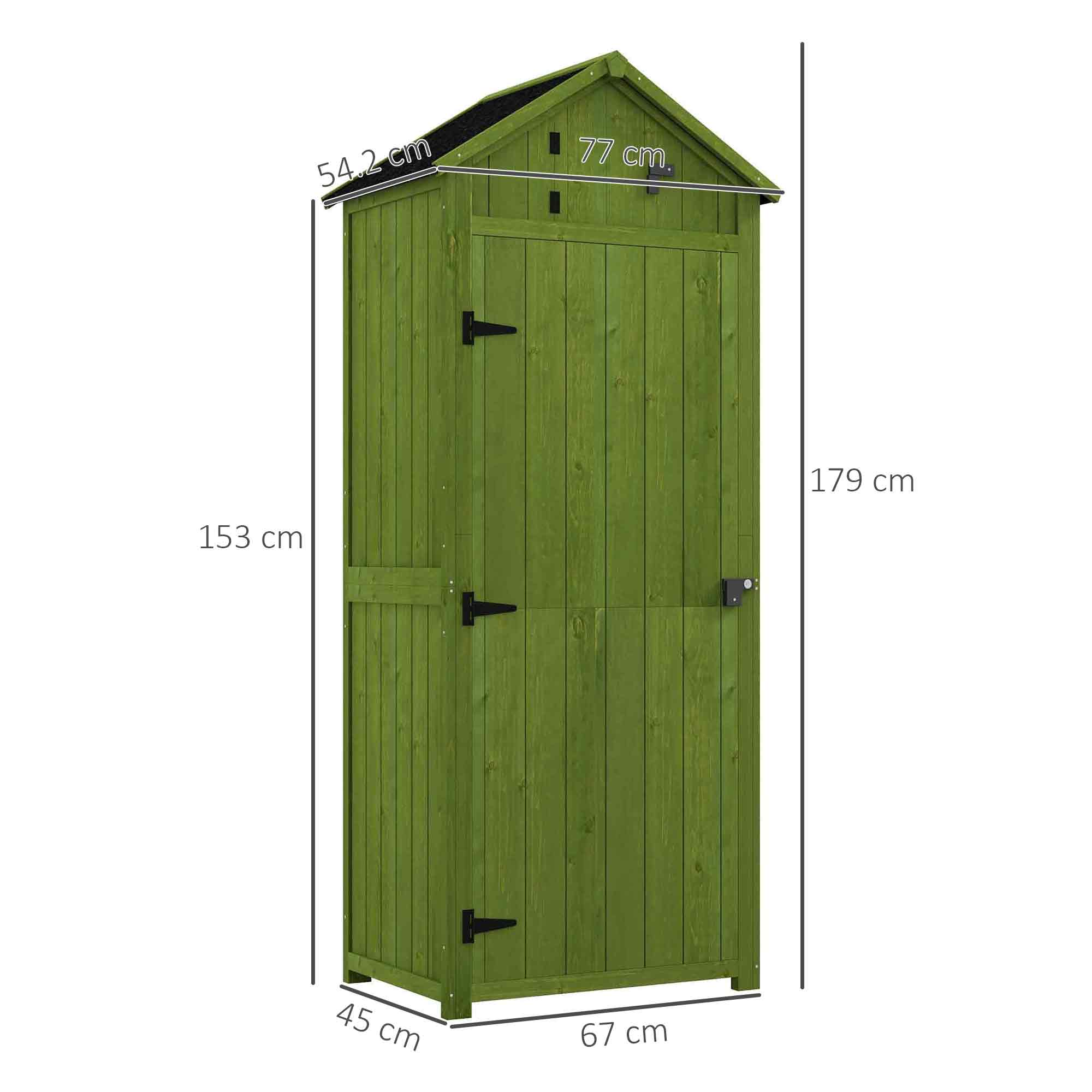 Outsunny Small Shed, Tall Slim Wooden Garden Shed with 3 Removable Shelves and Roof Hatch, Compact Outdoor Tool Storage Cabinet with Asphalt Roof and Door Latch, 77 x 54.2 x 179 cm, Green