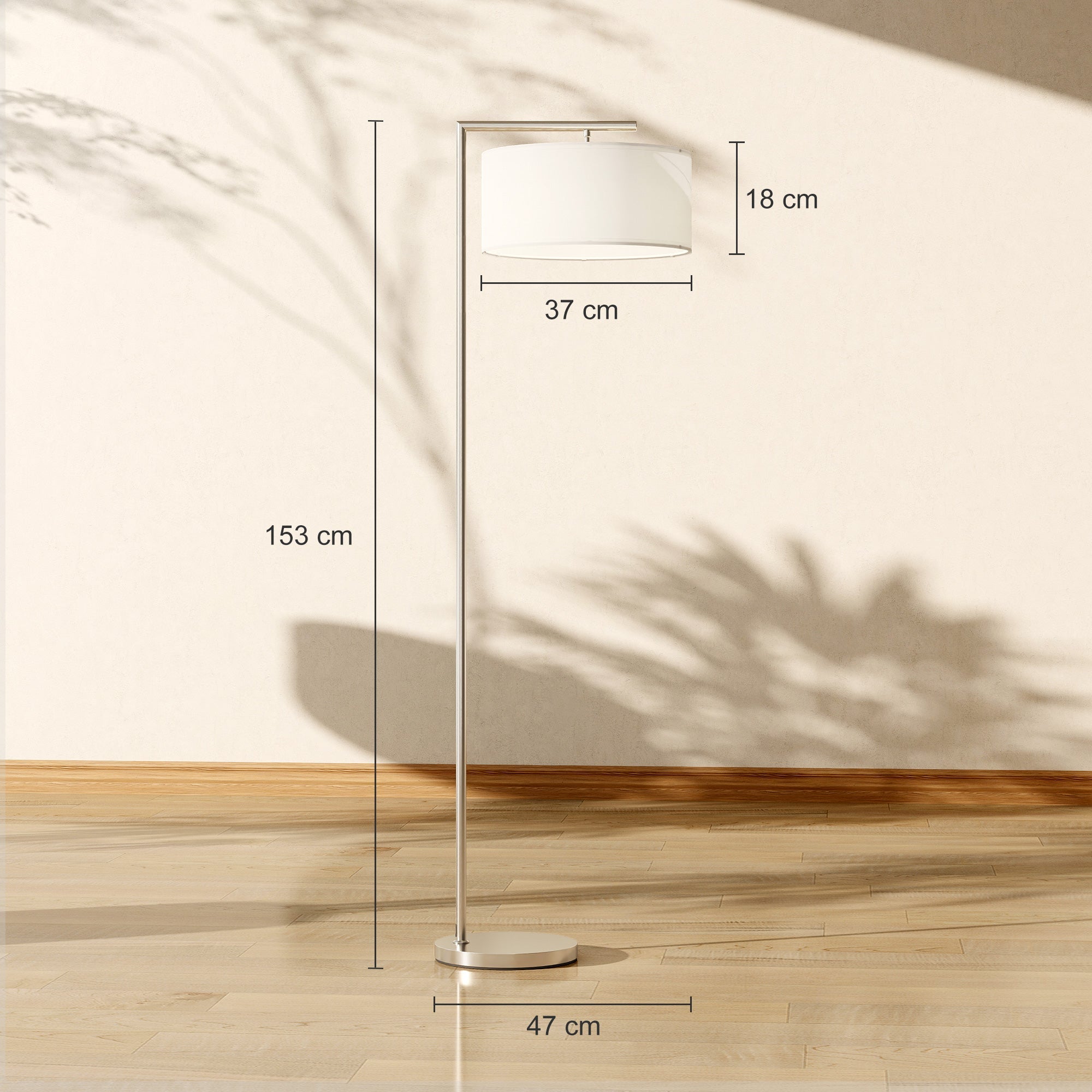HOMCOM Floor Lamp, Modern Standing Lamp with Linen Lampshade, Round Base for Living Room, Bedroom, Dining Room, 153cm, Silver Tone