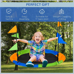 The saucer swing set with a child playing on it featuring text overlays about product benefits