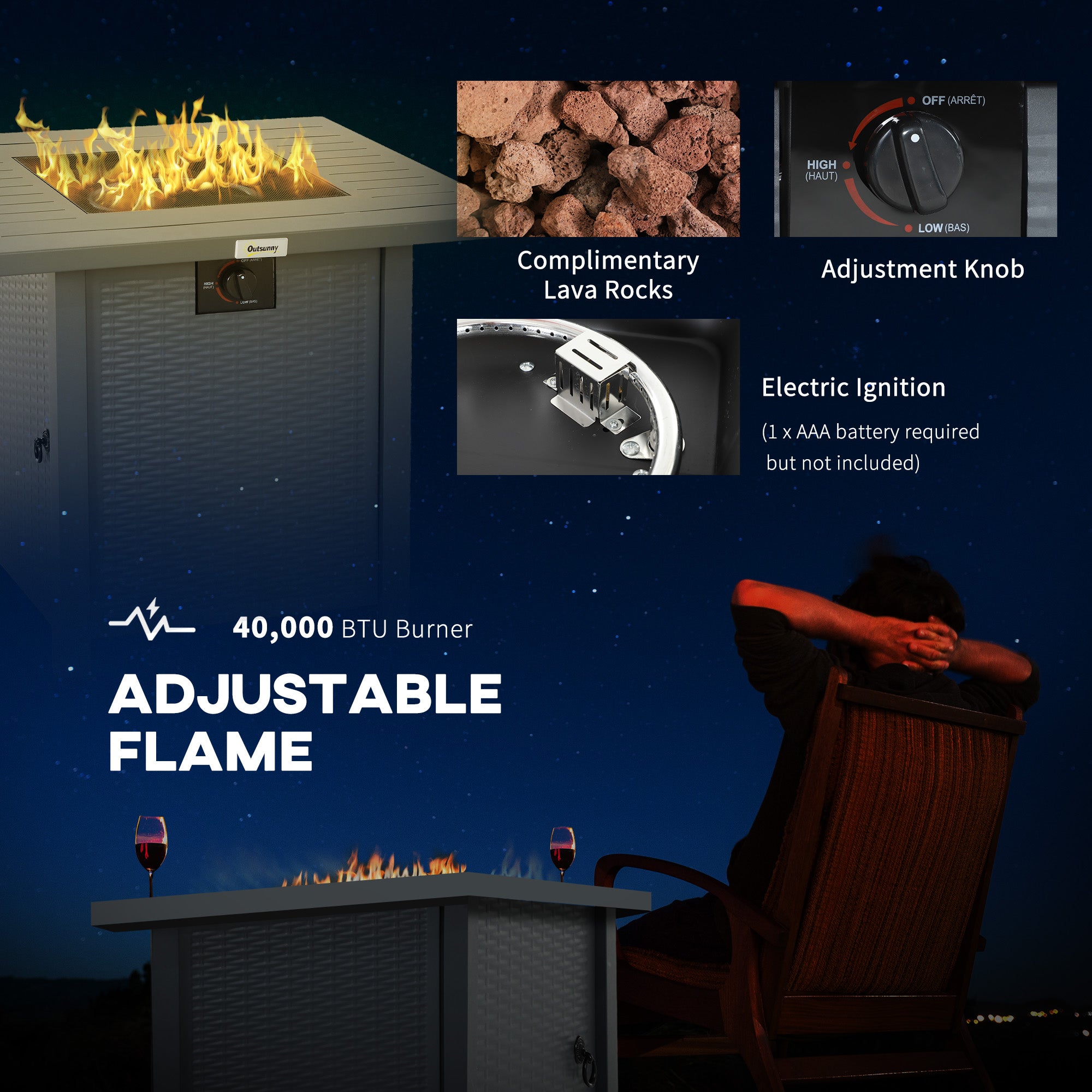 Outsunny Rattan-style Propane Gas Fire Pit Table with 40,000 BTU Burner, Square Smokeless Firepit Patio Heater with Thermocouple, Lava Rocks, Waterproof Cover, Spark Guard and Lid, Grey