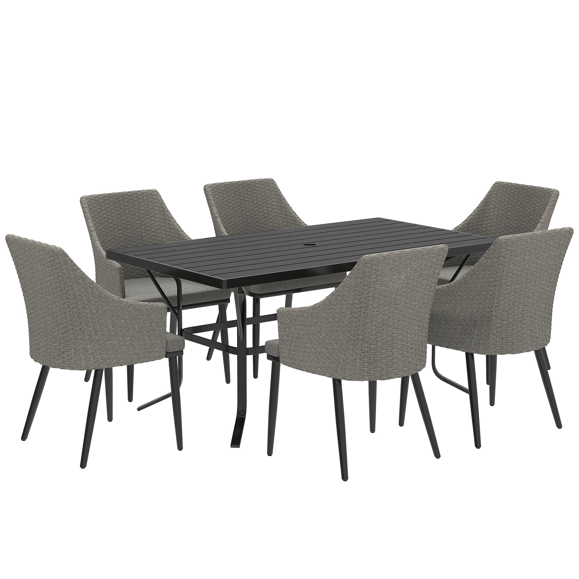 Outsunny 6 Seater Rattan Dining Set with Cushions, Garden Furniture Set with Armchairs, Rectangle Slatted Table Top, Steel Frame, Parasol Hole, Wicker Outdoor Furniture for Patio, Balcony, Grey