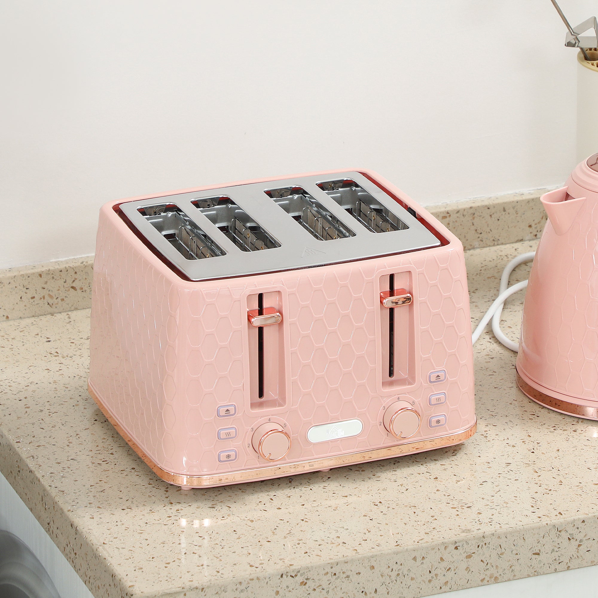 HOMCOM Kettle and Toaster Set, 1.7L 3000W Fast Boil Jug Kettle, 4 Slice Toaster with 7 Level Browning Controls, Light Pink