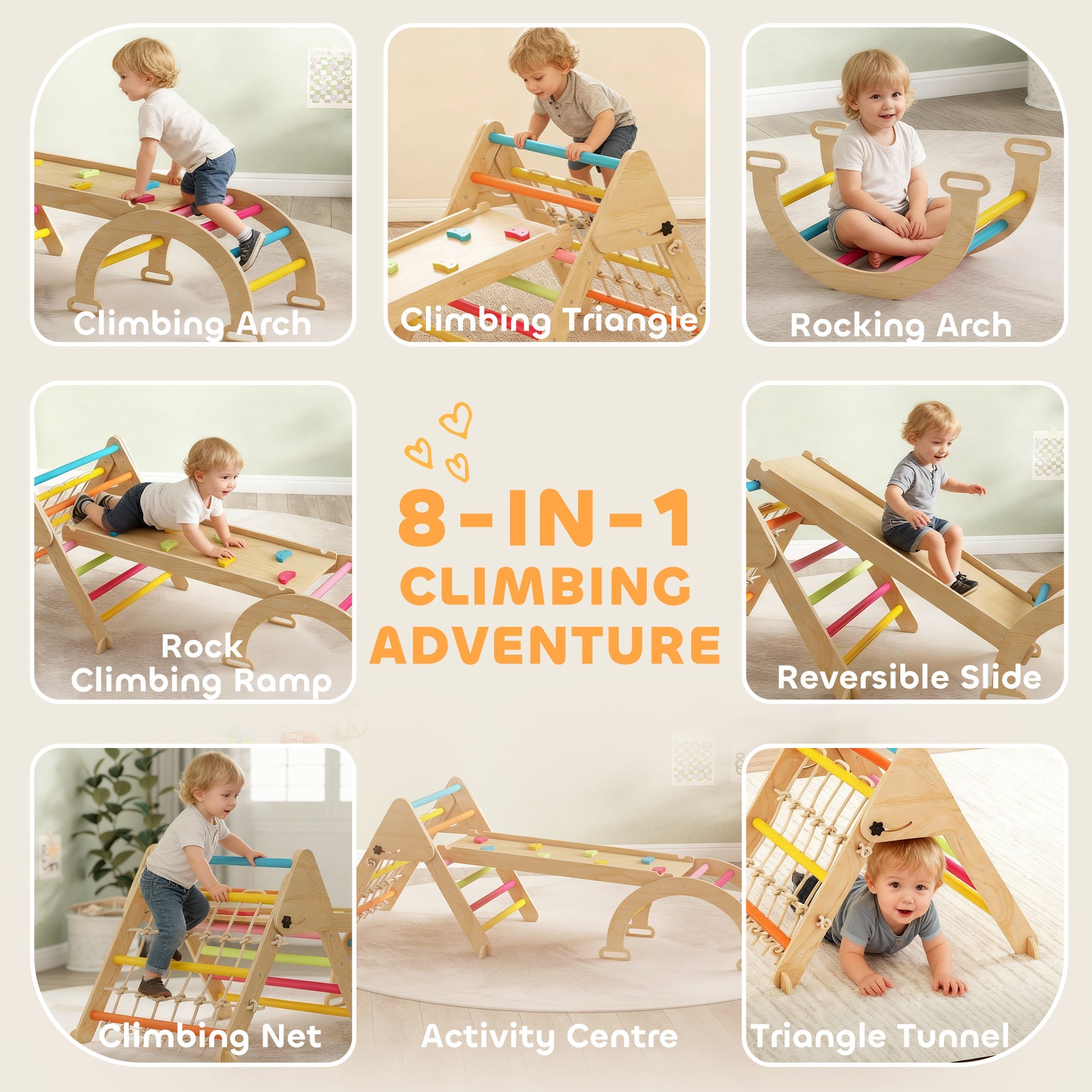 AIYAPLAY 8-in-1 Toddler Climbing Frame, Indoor Play Triangle Set with Slide, Arch and Triangle Ladder, Multicolour
