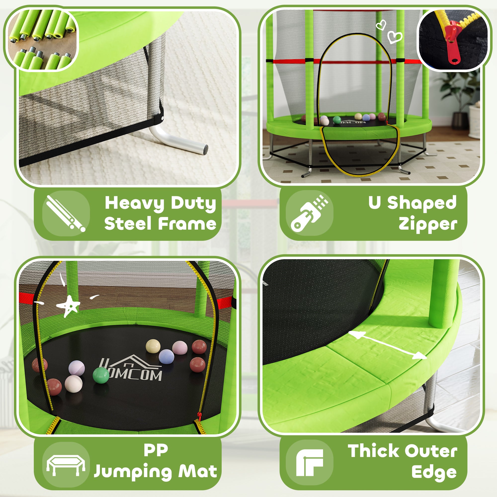 HOMCOM Kids Trampoline, with Enclosure Net, Steel Frame, for Ages 3-6 Years - Green