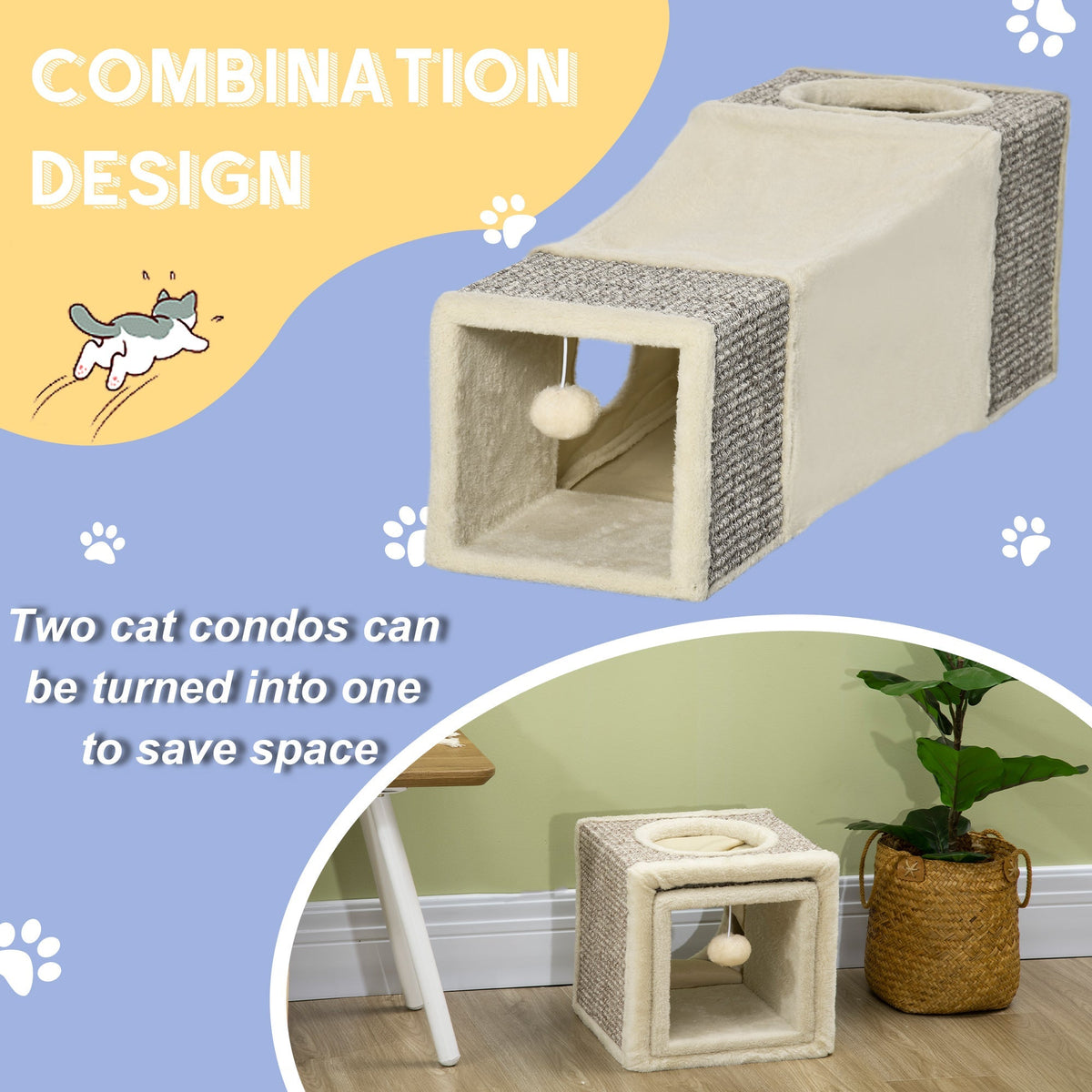 PawHut Cat Tunnel, Plush Large Play Tunnel with Two Caves and Hanging Ball, Cream White