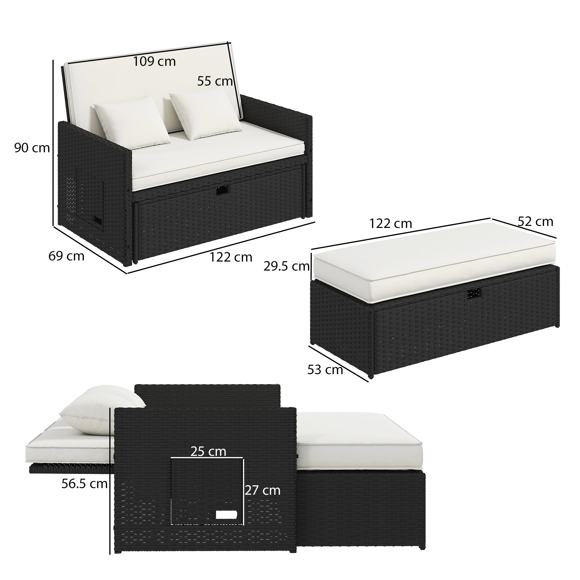 Outsunny Rattan Garden Daybed, Assembled Double Sun Lounger with 5-Level Adjustable Back, Storage Ottoman, Cream White