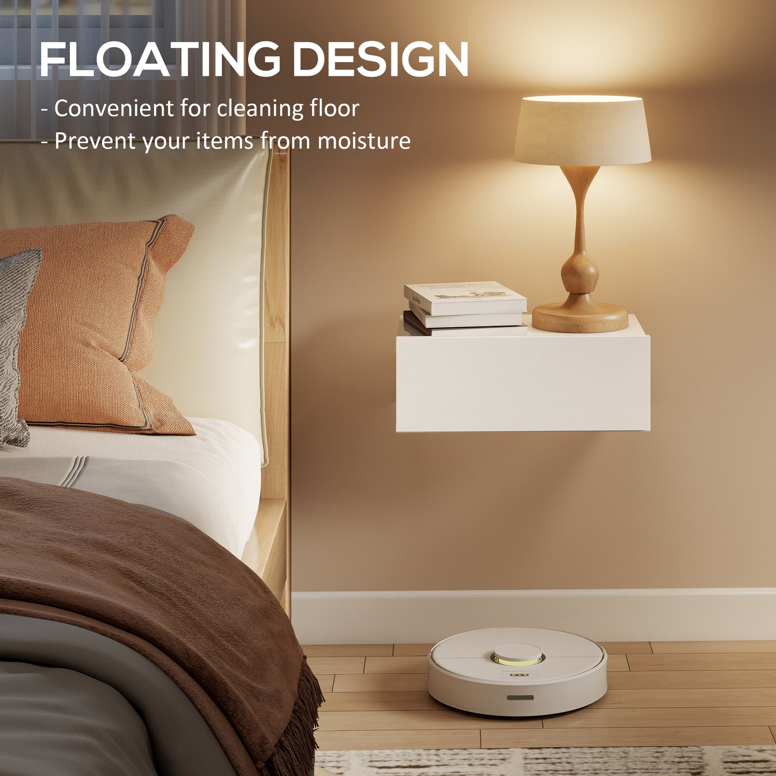 HOMCOM Floating Bedside Table Set of 2, Wall-Mounted Nightstand with Storage Drawer, White