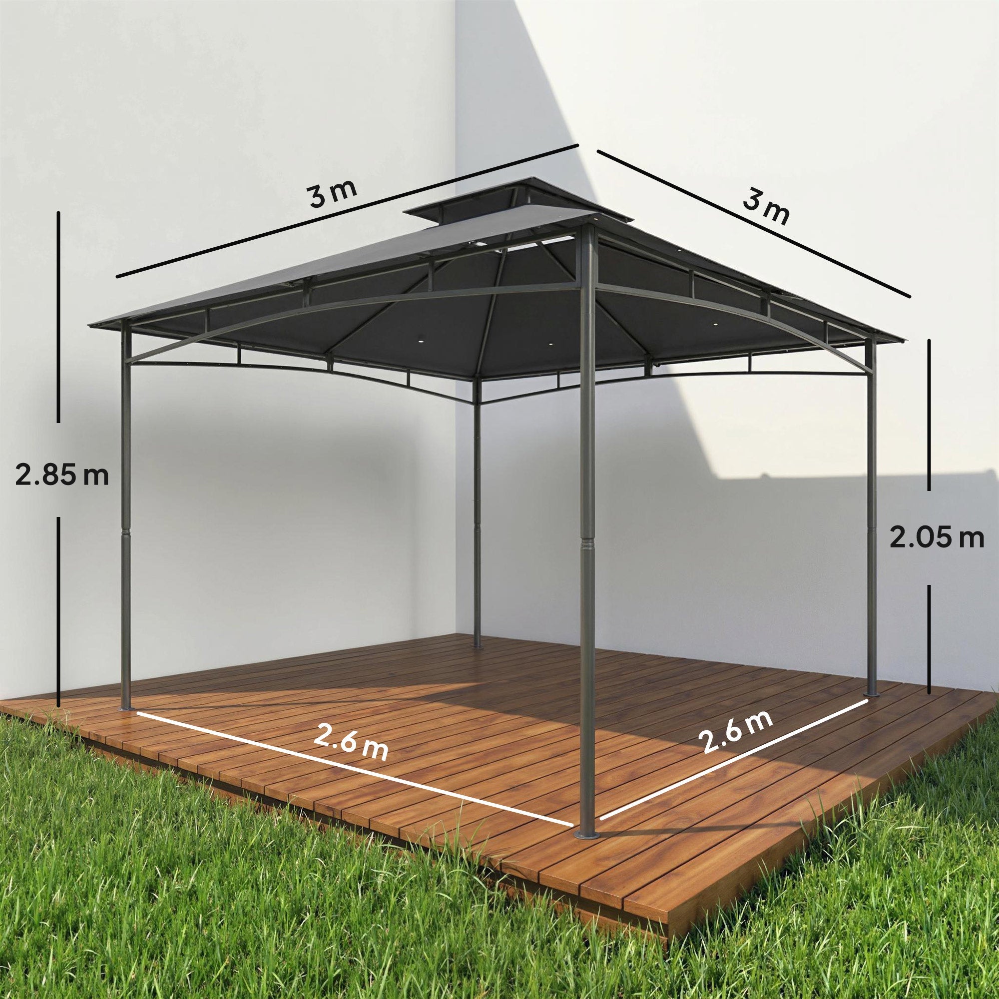 Outsunny 3 x 3 m Gazebo, Garden Gazebo with 2-Tier Roof, Metal Frame, Dark Grey