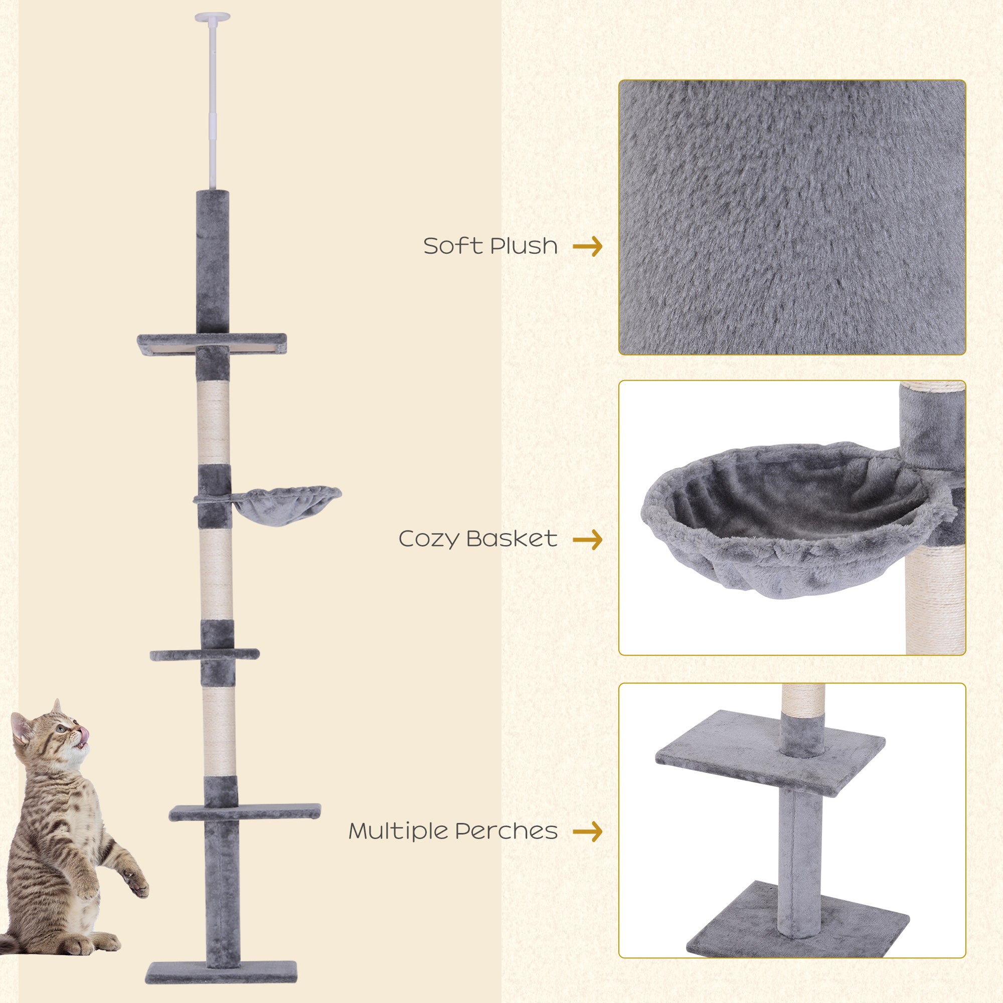 PawHut Floor to Ceiling Cat Tree for Indoor Cats 5-Tier Kitty Tower Climbing Activity Center Scratching Post Adjustable Height 230-260 cm Grey
