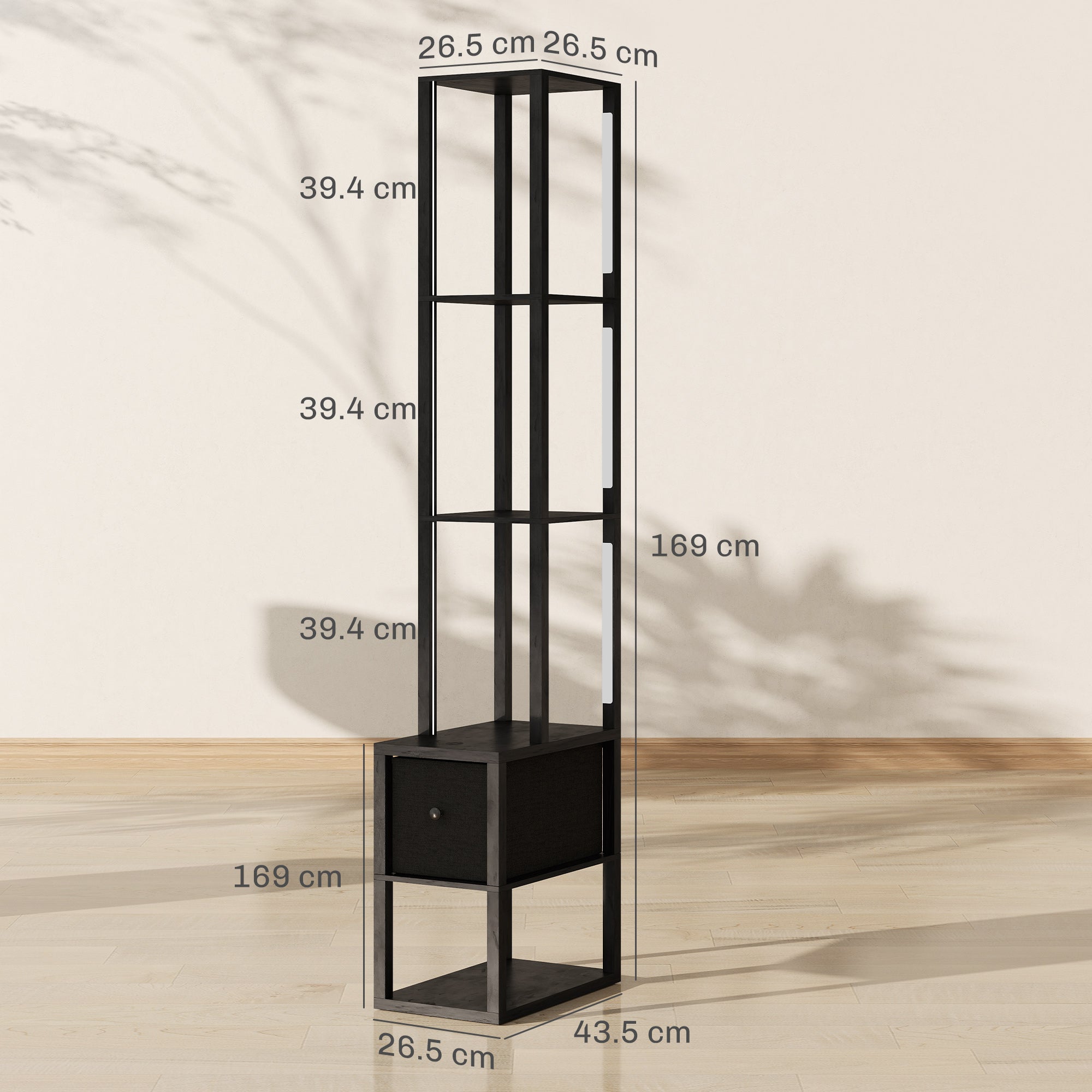 HOMCOM Floor Lamp with Shelves, LED Column Modern Standing Lamp with Fabric Drawer, Adjustable Brightness, Foot Switch for Living Room, Bedroom, Office, Black