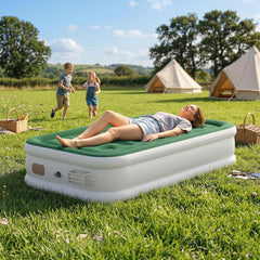 Outsunny Inflatable Mattress, Single Air Bed with Built-in Electric Pump, 3 Mins Inflation, Flocked Surface, Dark Green