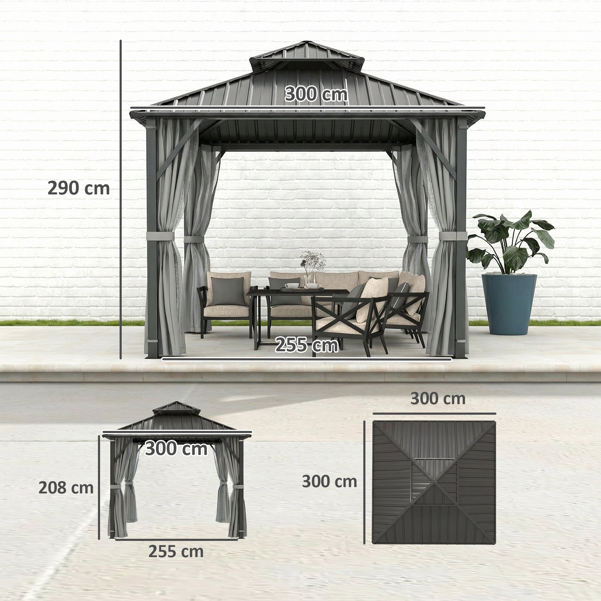 Outsunny 3 x 3(m) Hardtop Gazebo Canopy with Metal Roof, Waterproof Permanent Pavilion Garden Gazebo with Netting, Curtains, Grey