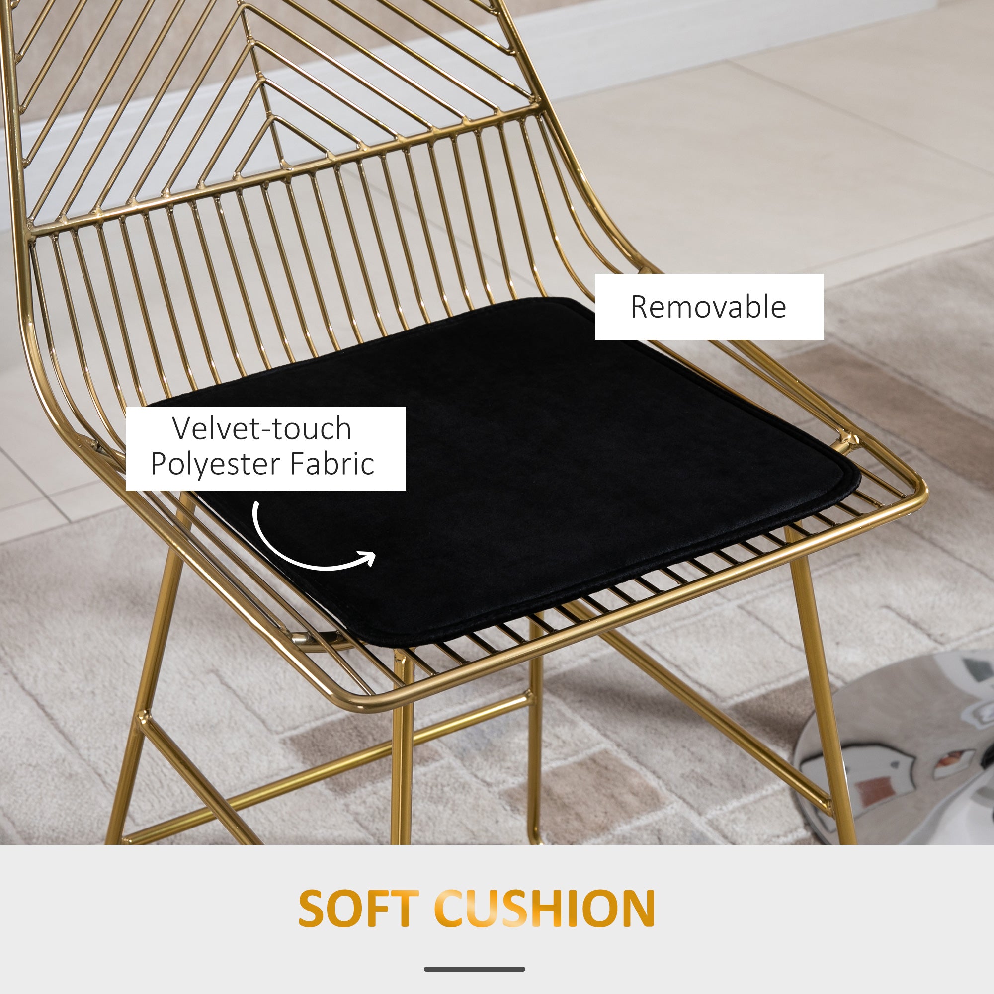 HOMCOM Set of 2 Bar Stools, Modern Counter Height Breakfast Bar Chairs with Wire Metal Frame for Kitchen, Dining Room, Gold