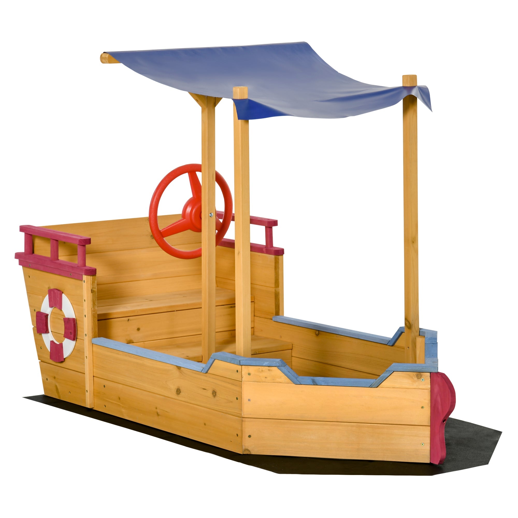 Outsunny Kids Wooden Sandpit, Children Sandbox Pirate Ship, Sandboat Play Station for Outdoor w/ Canopy Shade Storage Bench Bottom Liner