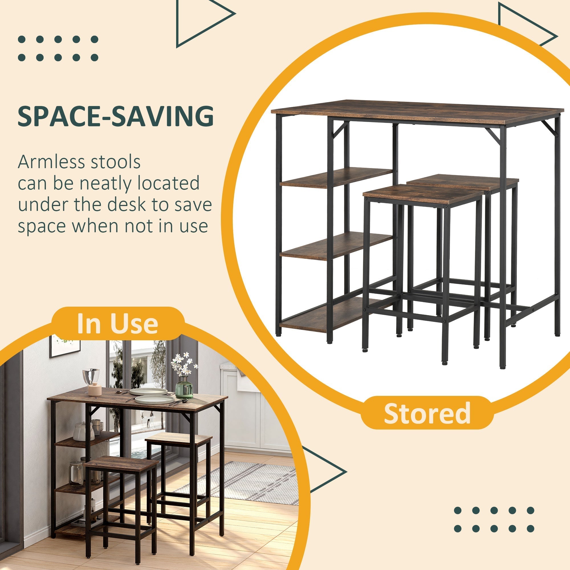 HOMCOM Industrial Bar Height Dining Table Set With 2 Stools & Side Shelf, 3 Pieces Coffee Table for Dining Room, Kitchen, Dinette