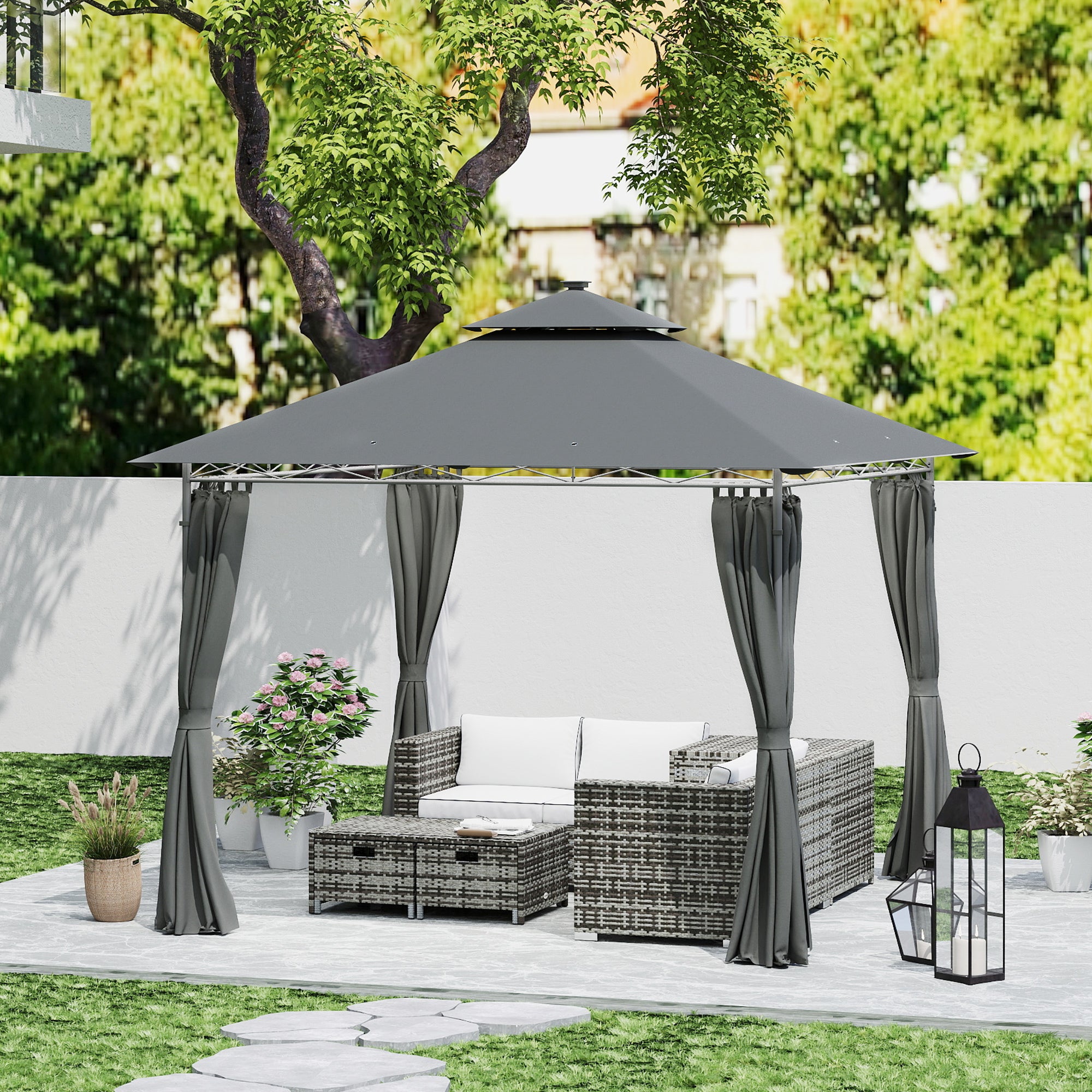 Outsunny 3 x 3 m Solar LED Metal Gazebo - Dark Grey