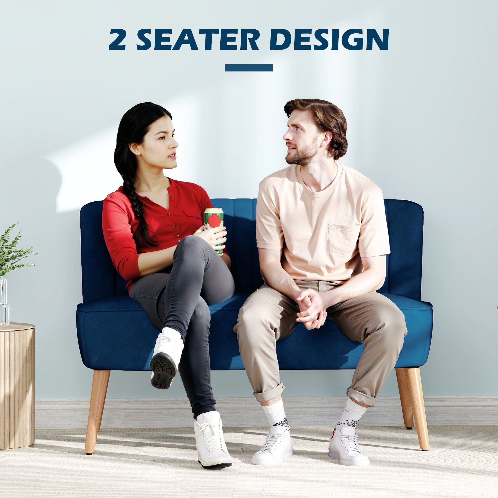 HOMCOM Modern Velvet Double Seat Sofa w/ Wood Frame Foam Padding High Back Soft Comfortable Compact Couch Blue