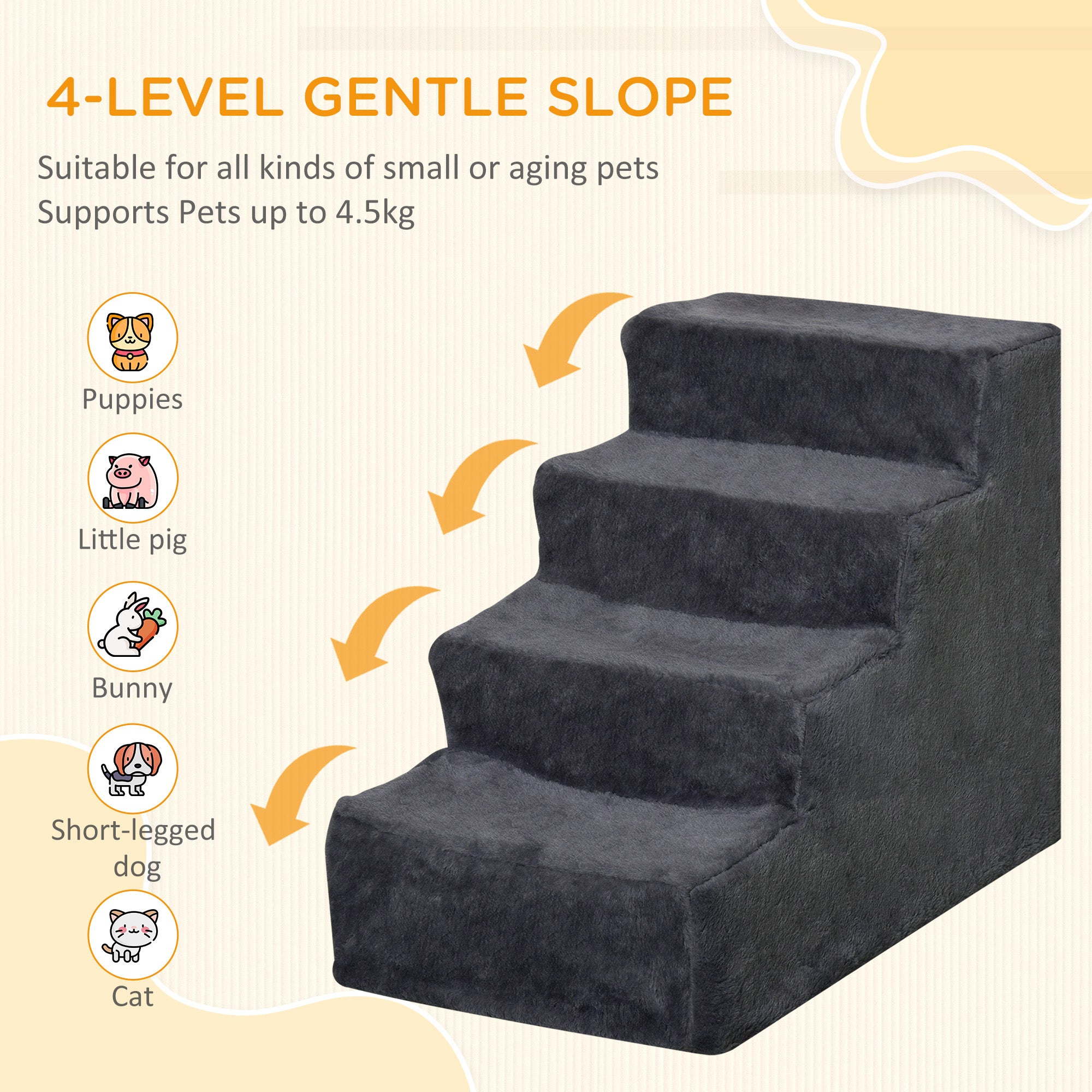 PawHut Four-Step Dog Stairs, with Washable Plush Cover, for High Bed Sofa, Dog Stairs for Small Dog and Cat - Dark Grey