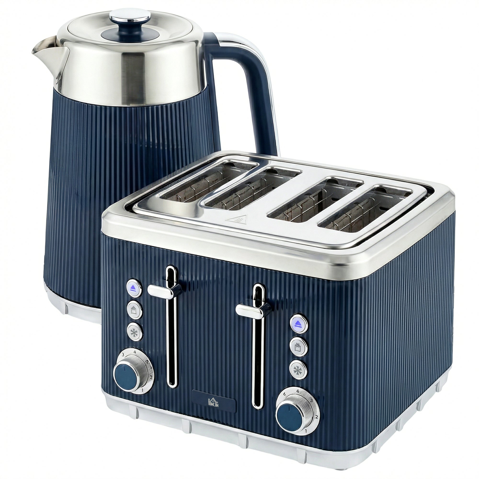 HOMCOM Electric Stainless Steel Kettle and Toaster Set, 3000W 1.7L UK Strix Thermostat Dark Blue