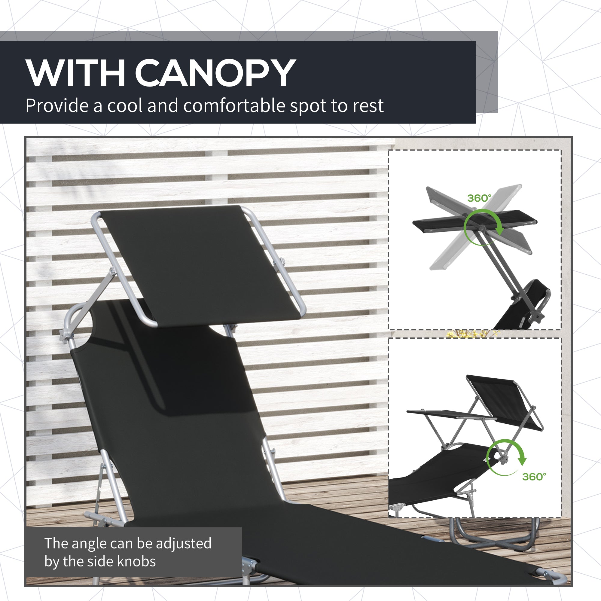 Outsunny Outdoor Foldable Sun Lounger, 4 Level Adjustable Backrest Reclining Sun Lounger Chair with Angle Adjust Sun Shade Awning for Beach, Garden, Patio, Black