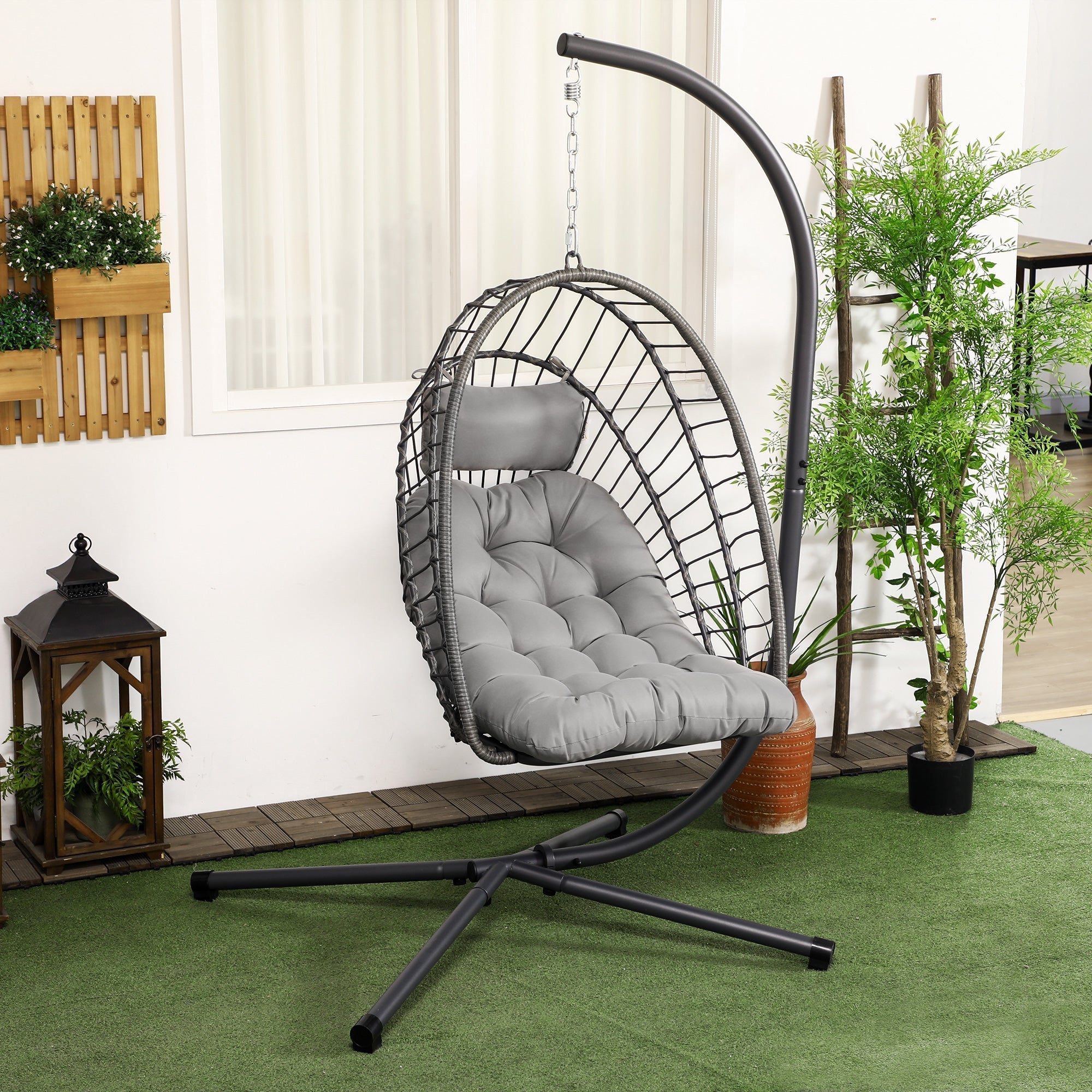 Outsunny Outdoor PE Rattan Swing Chair with Foldable Basket and Cushion, Garden Patio Hanging Egg Chair with Metal Stand, Headrest for Indoor and Outdoor, Light Grey