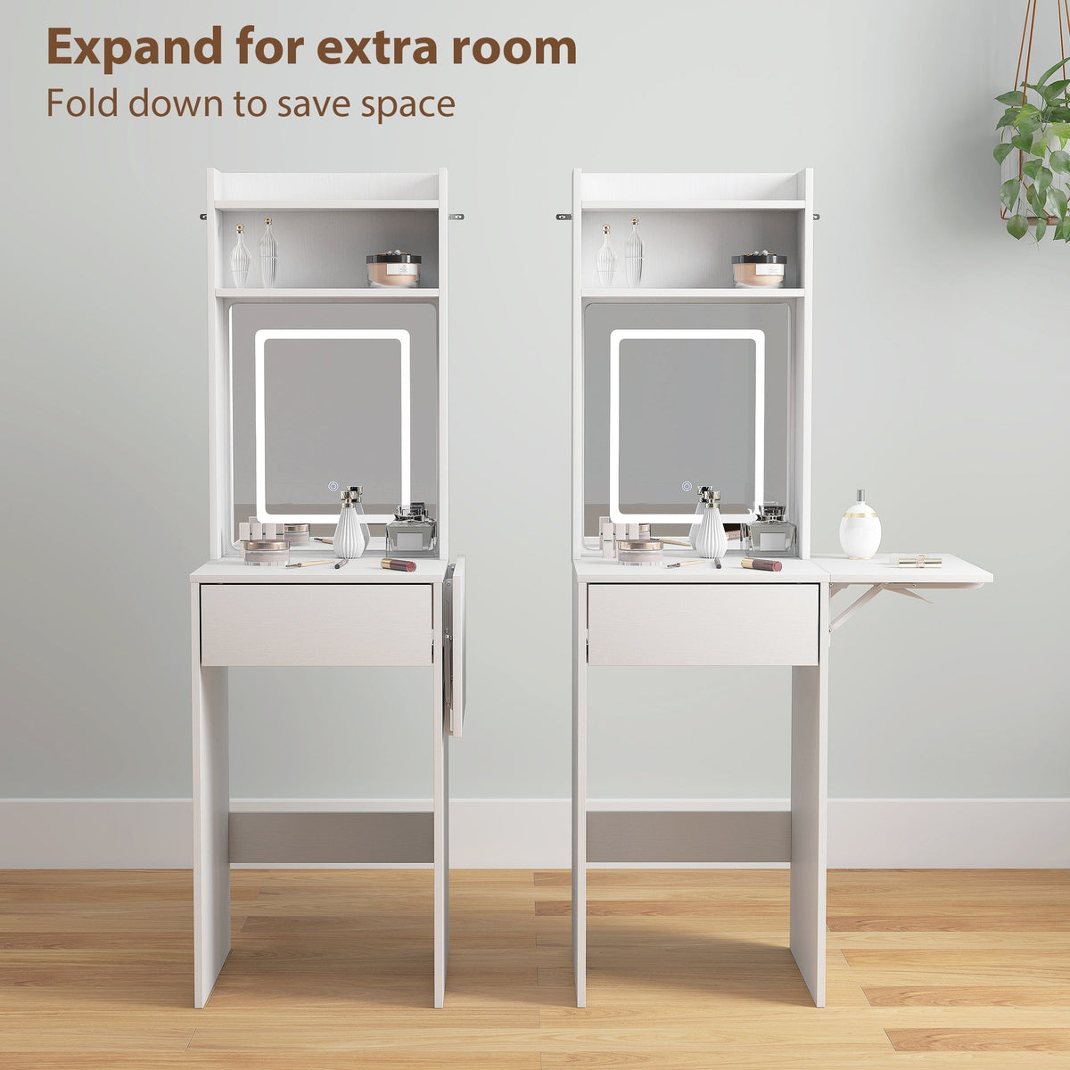 HOMCOM Small Vanity Desk with Mirror and LED Lights, Compact Dressing Table with Drop Leaf, Open Shelves and Drawer, White