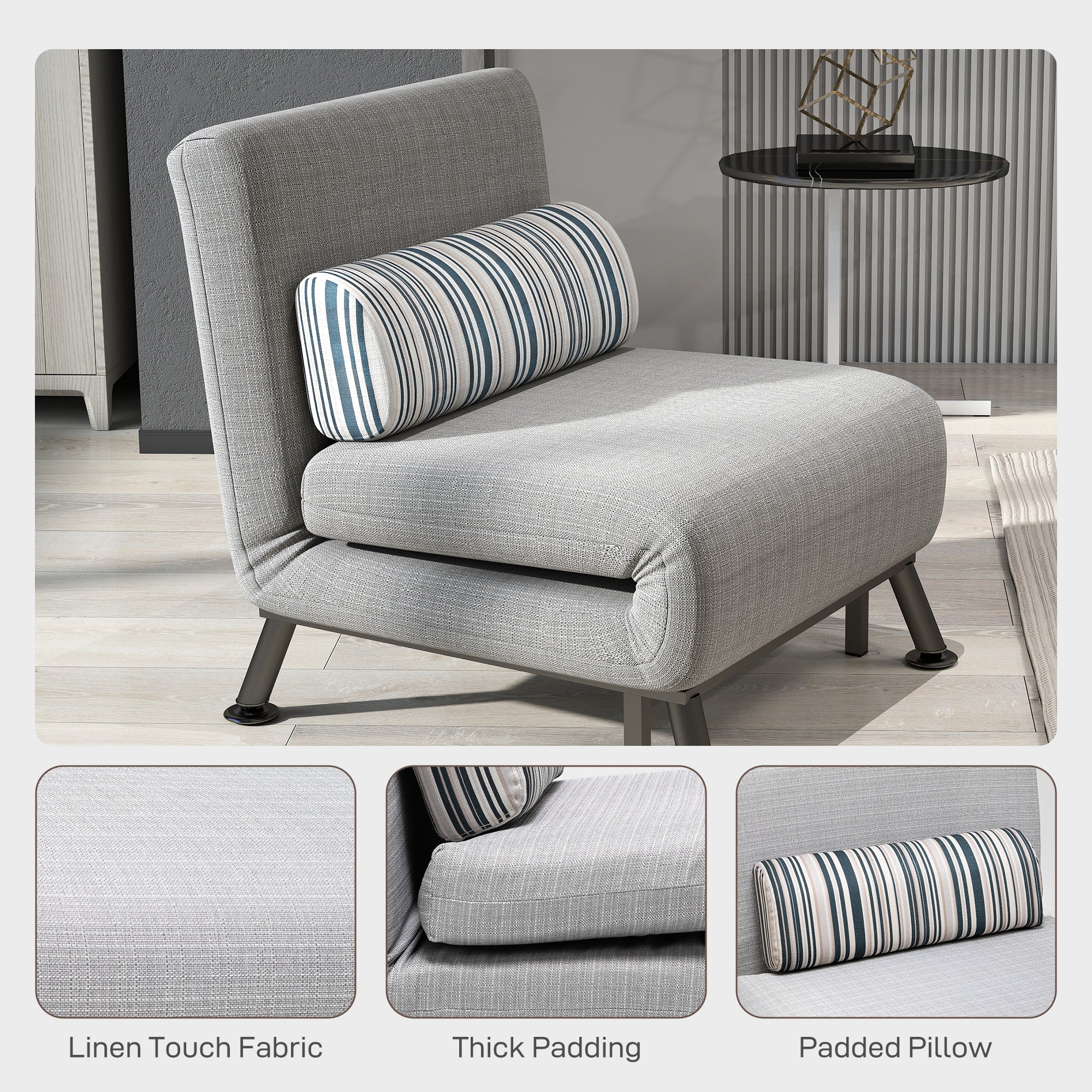 HOMCOM Single Sofa Bed, 1 Person Sleeper Foldable Lounge with Pillow, Grey