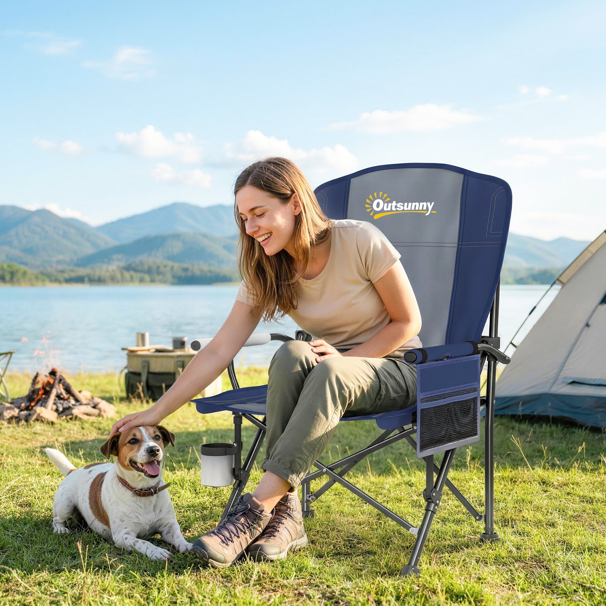 Outsunny Padded Camping Chair Adults Heavy Duty Folding Chair Side Pocket Cup Holder Carry Bag Outdoor Dark Blue