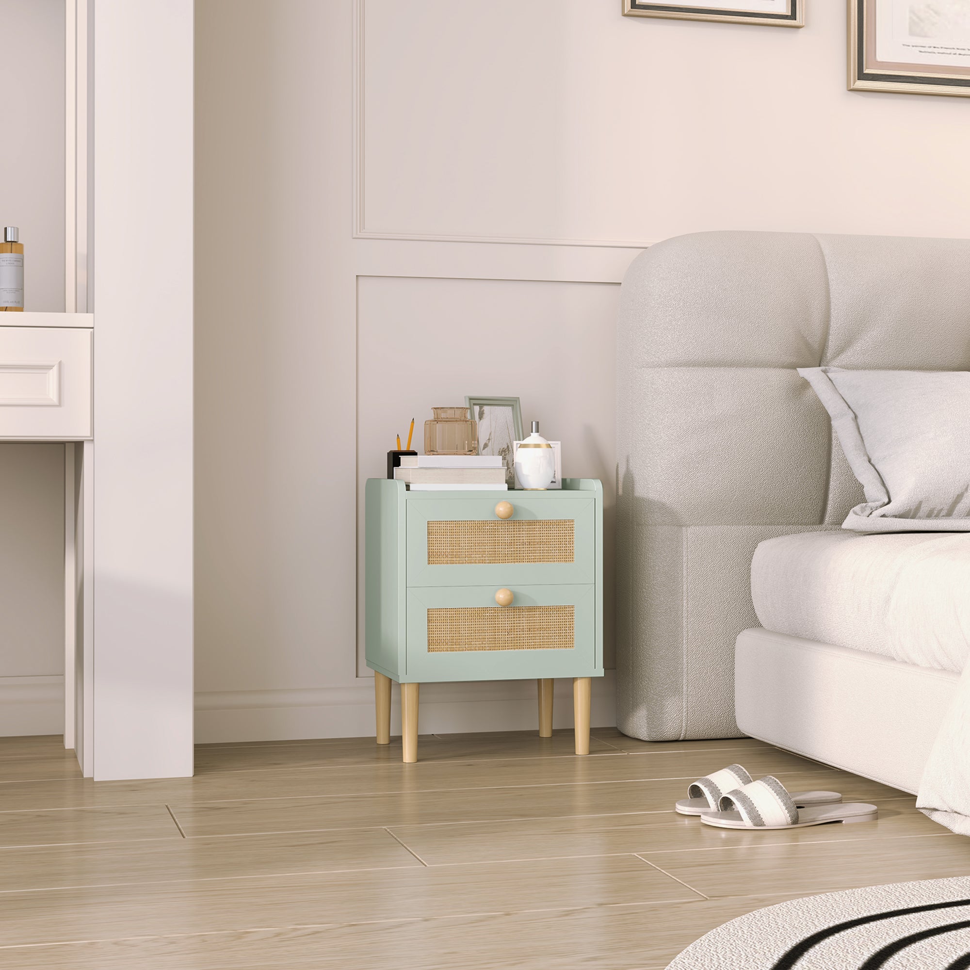 HOMCOM Bedroom Chest of Drawers, Boho Rattan Dresser with 2 Drawers, Storage Cabinet for Living Room, Hallway, Entryway, Olive Green