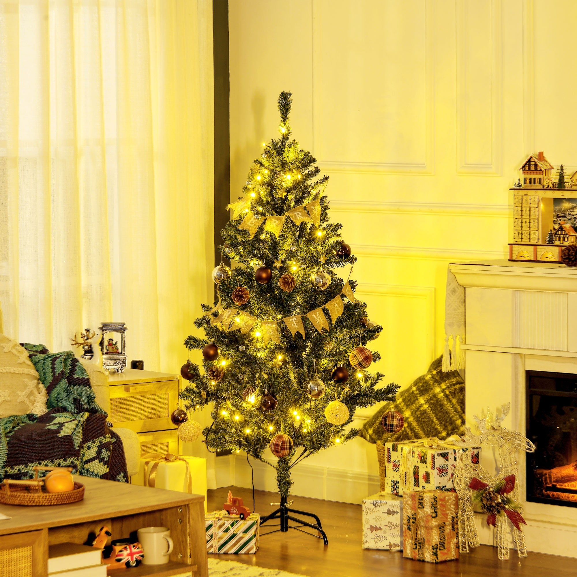 HOMCOM 5' Artificial Prelit Christmas Trees Holiday DÃ©cor with Warm White LED Lights, Decoration, Banner, Tag, Ball