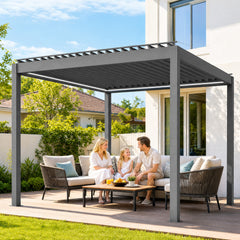 Outsunny 3 x 3(m) Electric Louvered Pergola with LED Lights, Aluminium Pergola Hardtop Gazebo with Remote, Adjustable Roof and Drainage System, Water and UV Proof