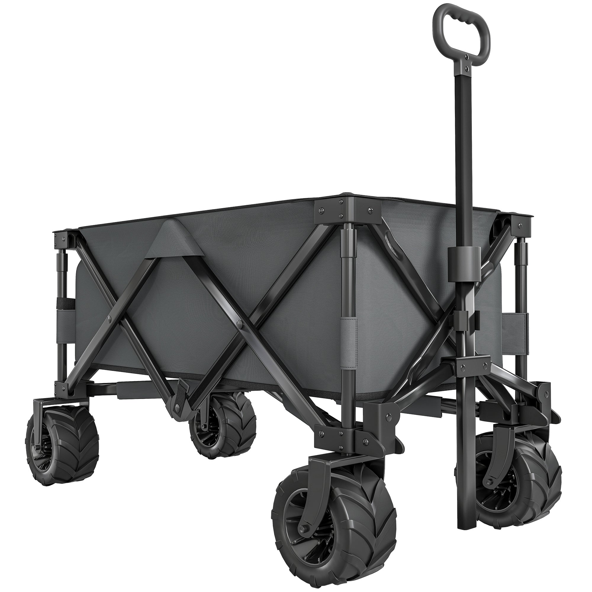 Outsunny Outdoor Pull Along Cart Folding Cargo Wagon Trailer Trolley for Beach Garden with Handle, Anti-Slip Wheel - Dark Grey