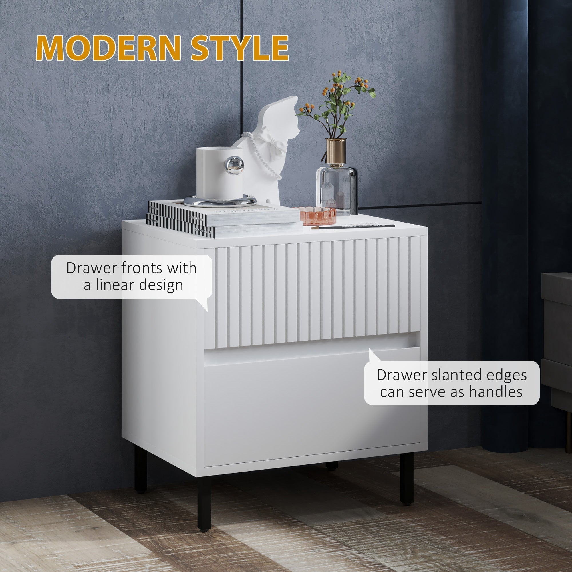 HOMCOM Simple Line Indented Two-Drawer Bedside Table Set of 2 - White