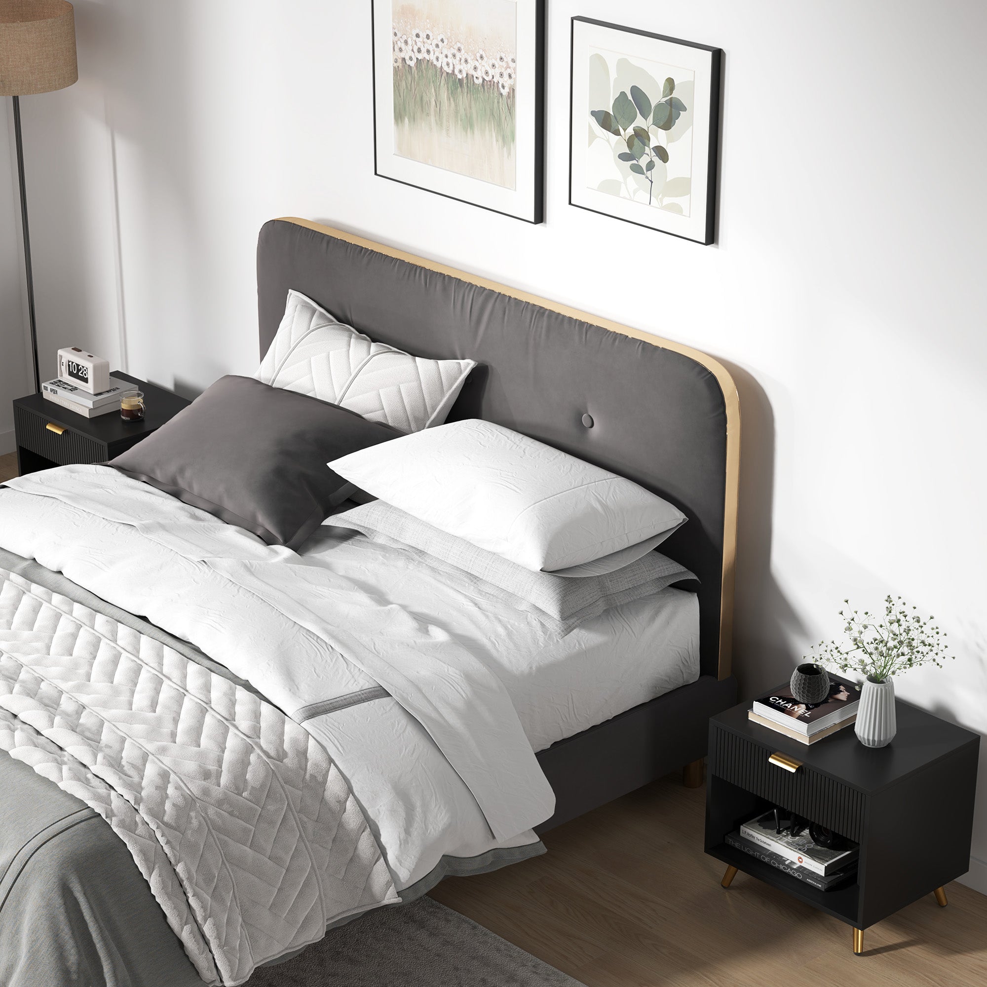 HOMCOM Elegant Bedside Table Set of 2, with Drawer and Shelf - Black/Gold Tone