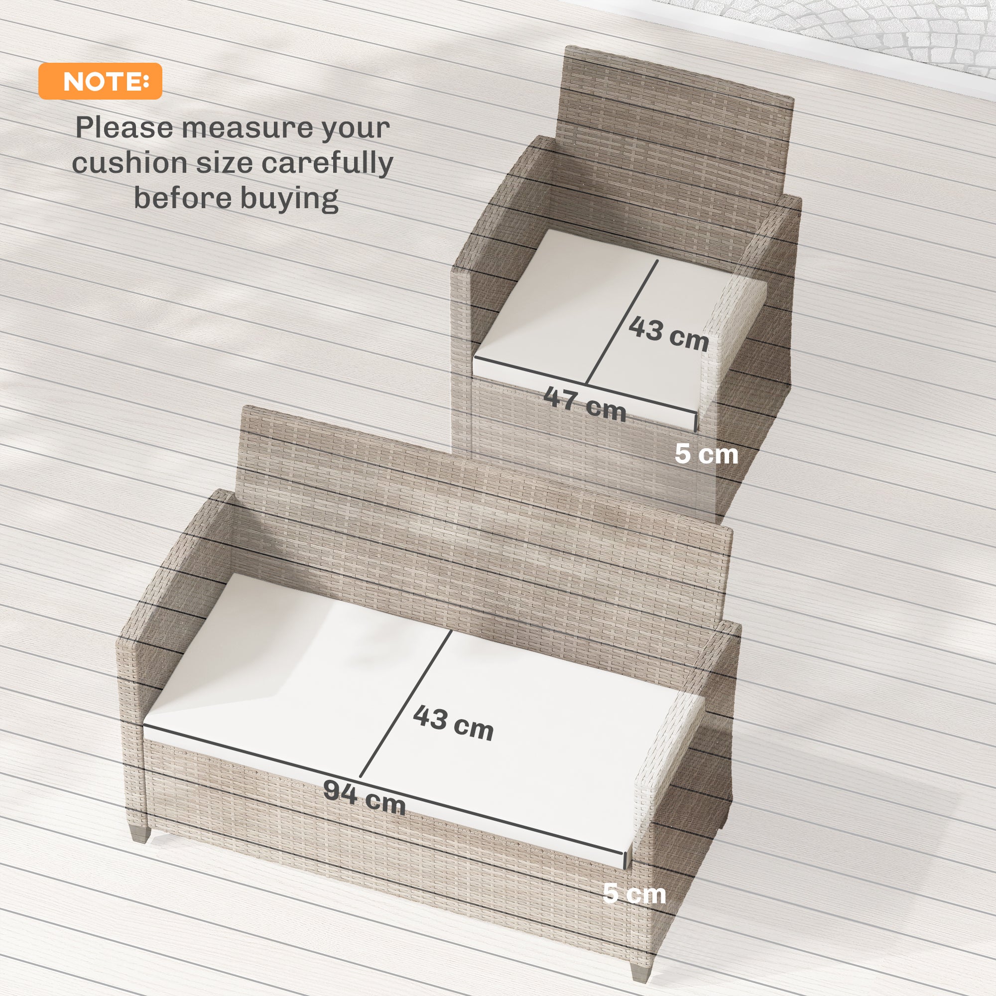 Outsunny Outdoor Seat Cushion Pads for Rattan Furniture, 3 PCs Garden Furniture Cushions, Cream White