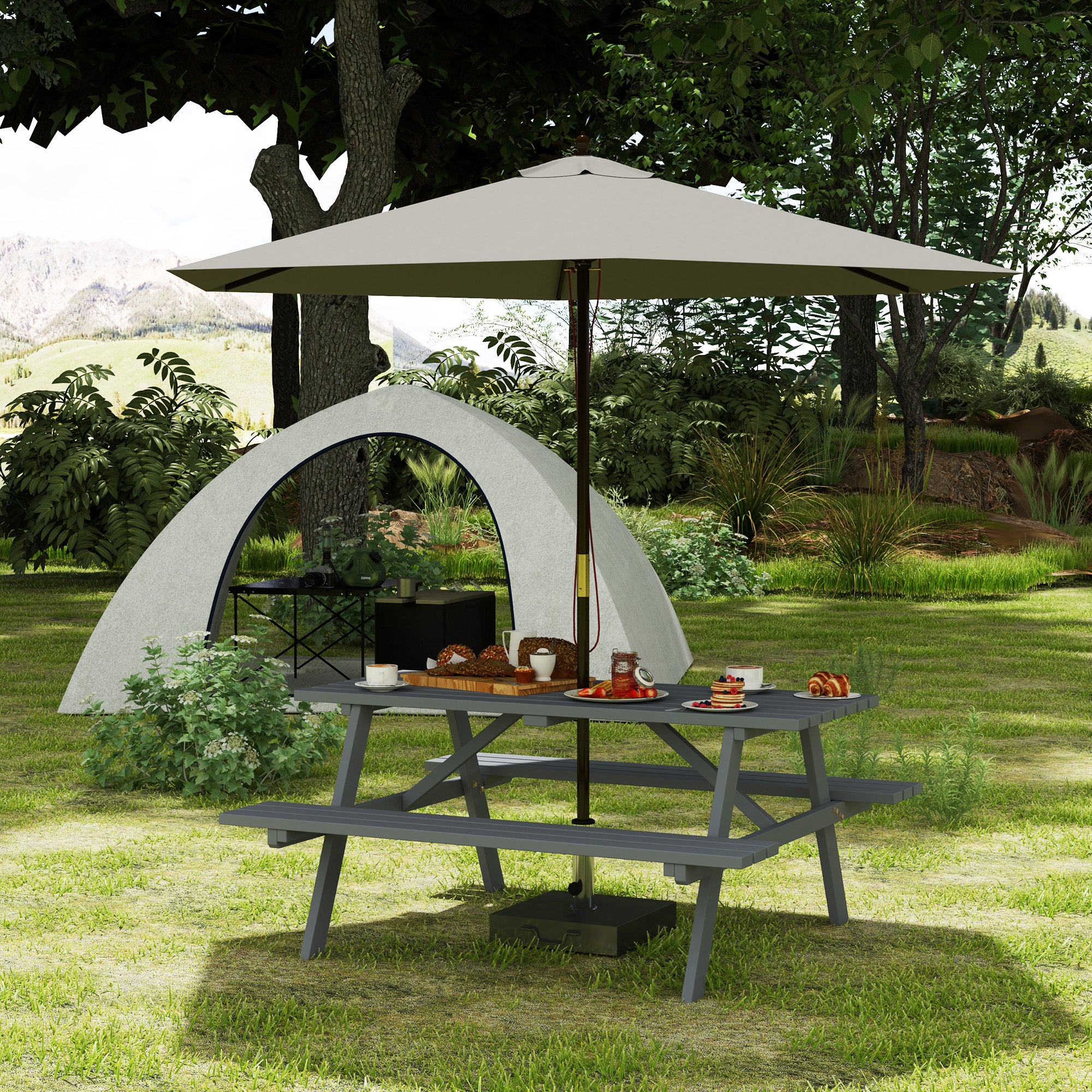 Outsunny 6 Seater Wooden Picnic Table Bench for Outdoor Garden or Patio with Parasol Cutout 150 cm Grey
