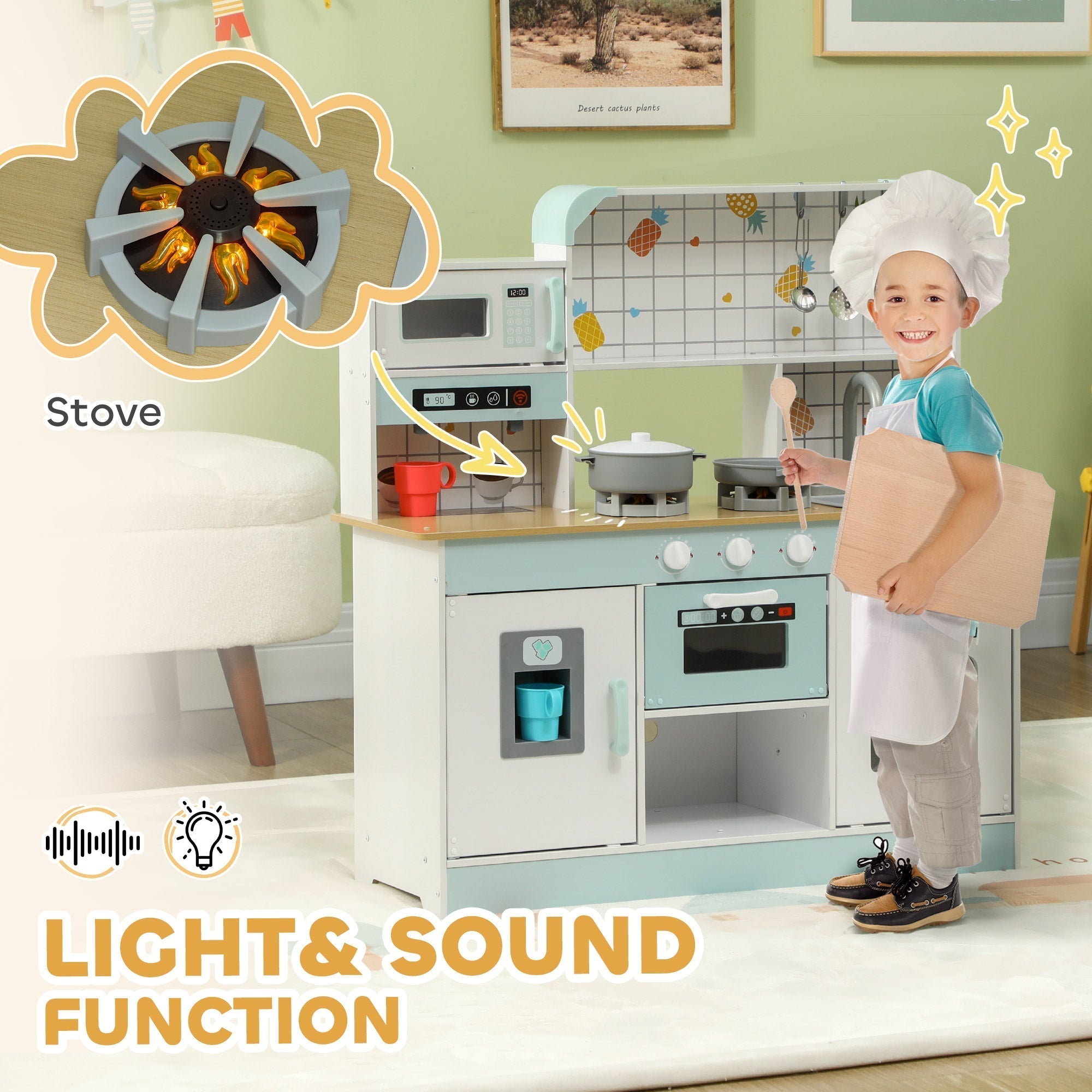 AIYAPLAY Toy Kitchen, Pretend Role Play Kitchen with Hob, Sound, Light, Coffee Machine, Ice Maker, Microwave