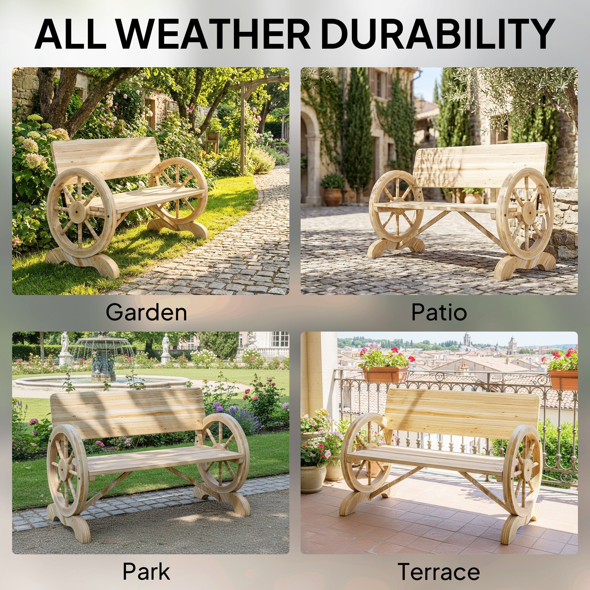 Outsunny Fir Wood 2-Seater Outdoor Garden Wagon Wheel Bench, Natural Wood Finish
