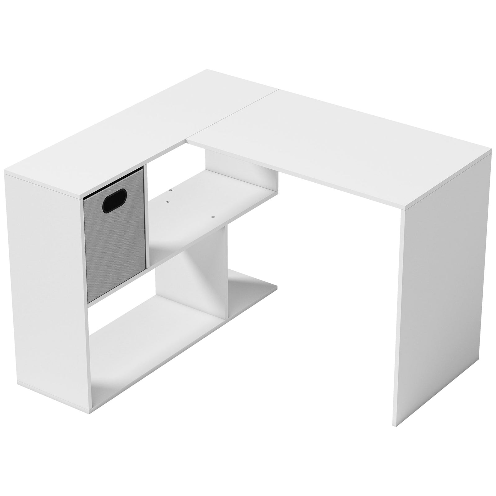 HOMCOM L Shaped Computer Desk, 110 x 100cm Reversible Corner Desk with Fabric Drawer and Storage Shelves, White