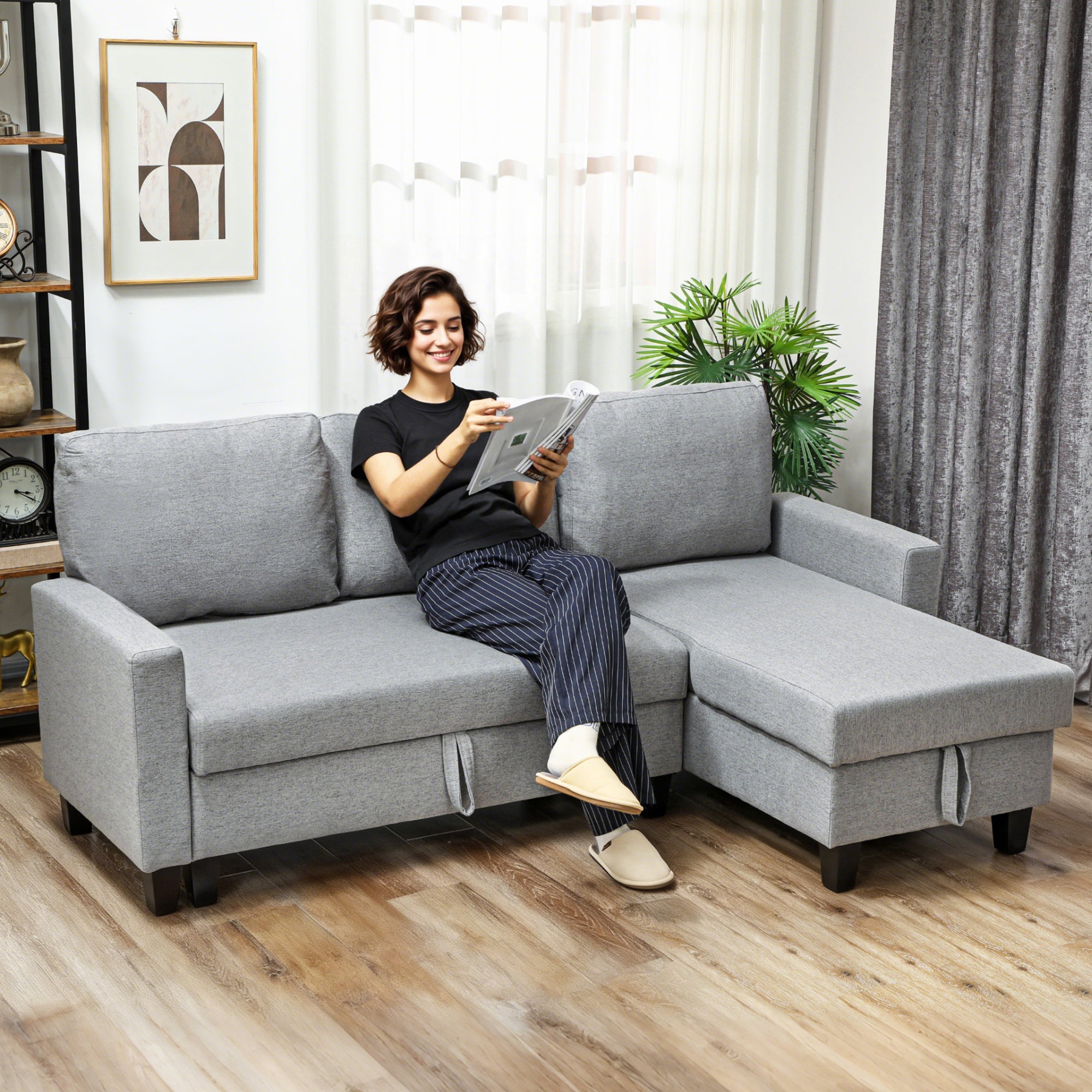 HOMCOM Three-Seater Storage Sofa Bed - Grey
