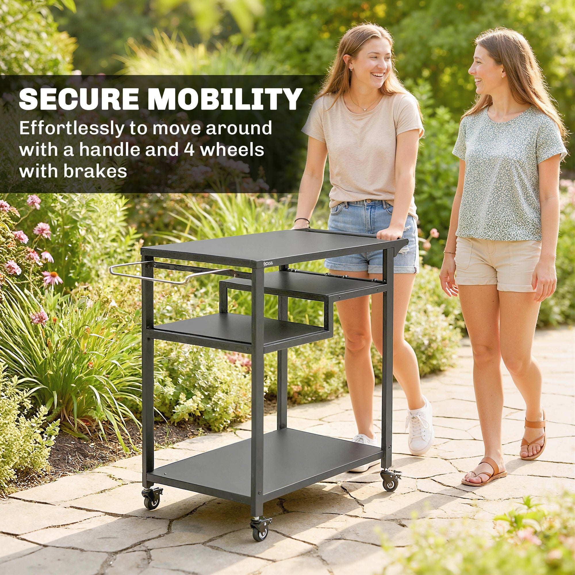 Outsunny Outdoor Grill Cart, Three-Tier Pizza Oven Stand  with Steel Tabletop, Hooks, Rubbish Bag Holder, Wheels, Black