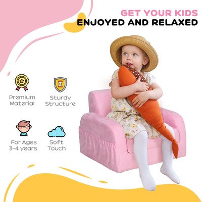 2-in-1 Kids Armchair, Toddler Sofa Bed, with Wood Frame, for Bedroom, Playroom - Pink