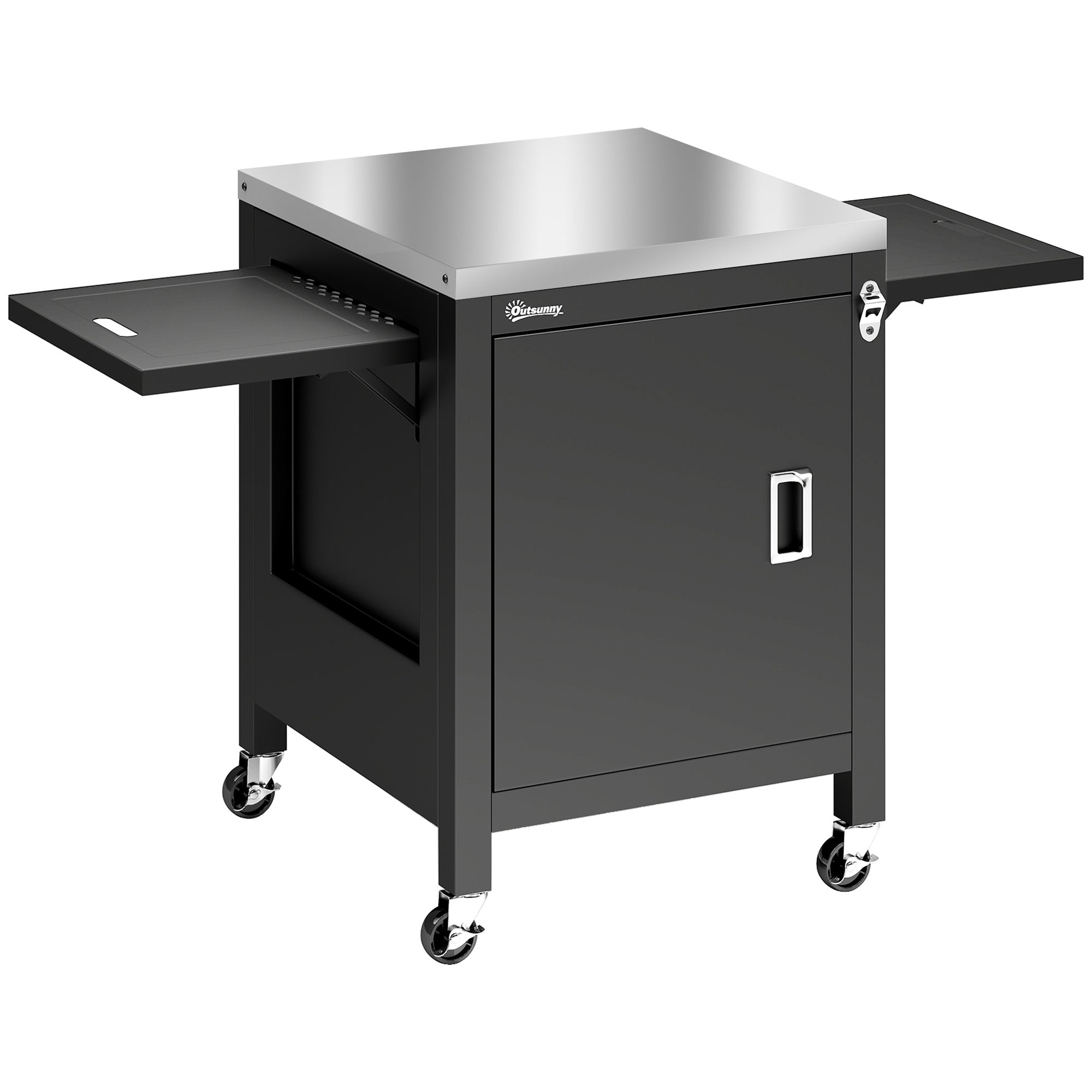 Outsunny Outdoor Grill Cart with Stainless Steel Tabletop, BBQ Table with a Cabinet, Towel Holder, Bottle Opener, Black