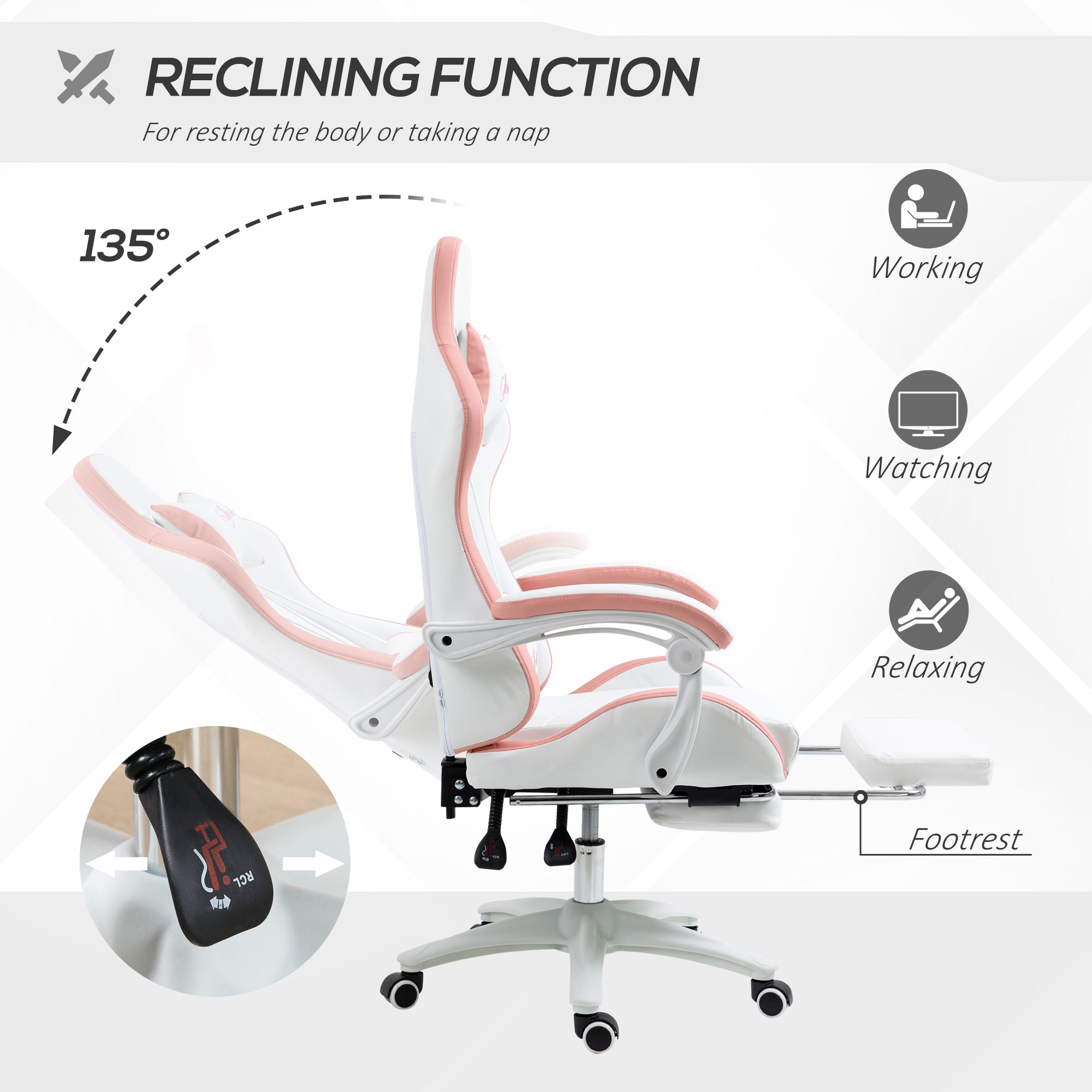 Vinsetto Computer Gaming Chair, PU Leather Office Desk Chair with Footrest, Swivel Wheels, 135√Ç¬∞ Reclining Back, Lumbar Support, Headrest for Home, White and Pink