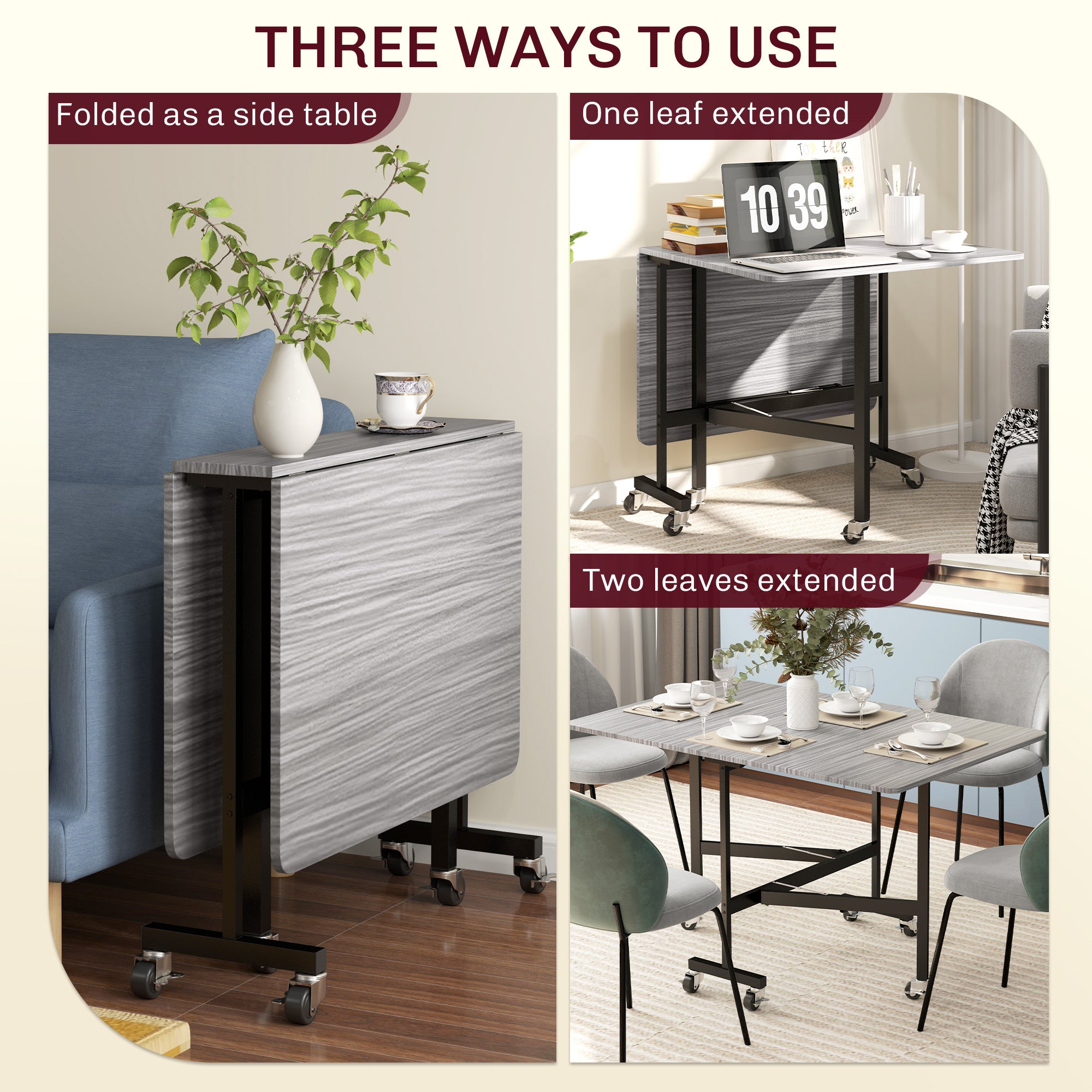 HOMCOM Six-Seater Drop-Leaf Dining Table, with Wheels - Grey Wood-Effect