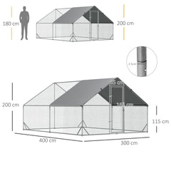 PawHut Chicken Walk-in Run, Galvanised Chicken Coop, Hen Poultry House Cage, Rabbit Hutch Pet Playpen Garden w/ Water-Resist Cover, 3 x 4 x 2m