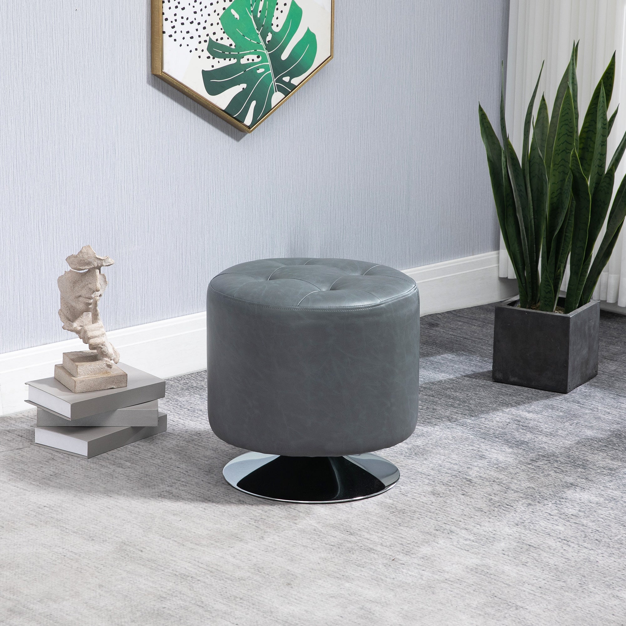 HOMCOM 360 Swivel Foot Stool Round PU Ottoman with Thick Sponge Padding and Solid Steel Base, Grey
