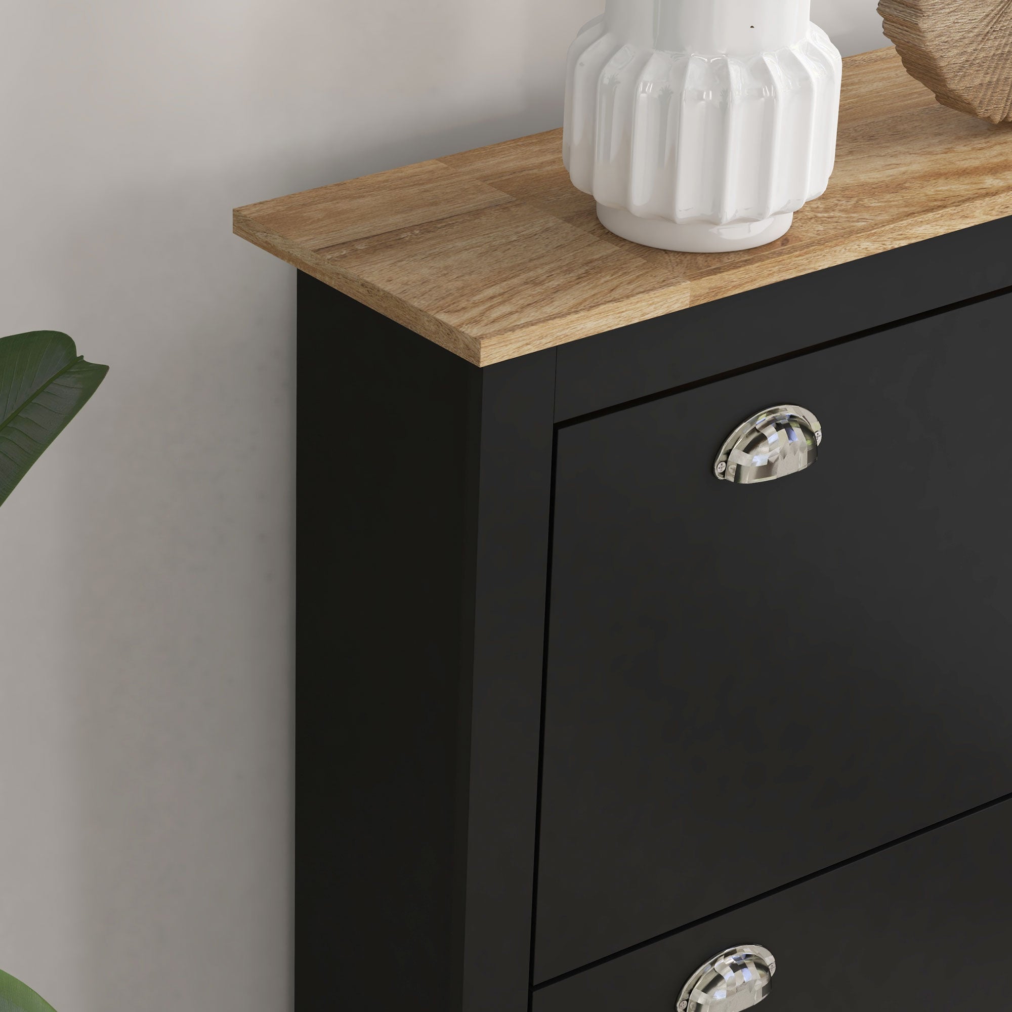 HOMCOM 2 Drawer Shoe Cabinet Modern Narrow Shoe Cupboard Hallway Wooden Storage Organiser with Flip Doors Adjustable Shelf for 6-12 Pairs, Black